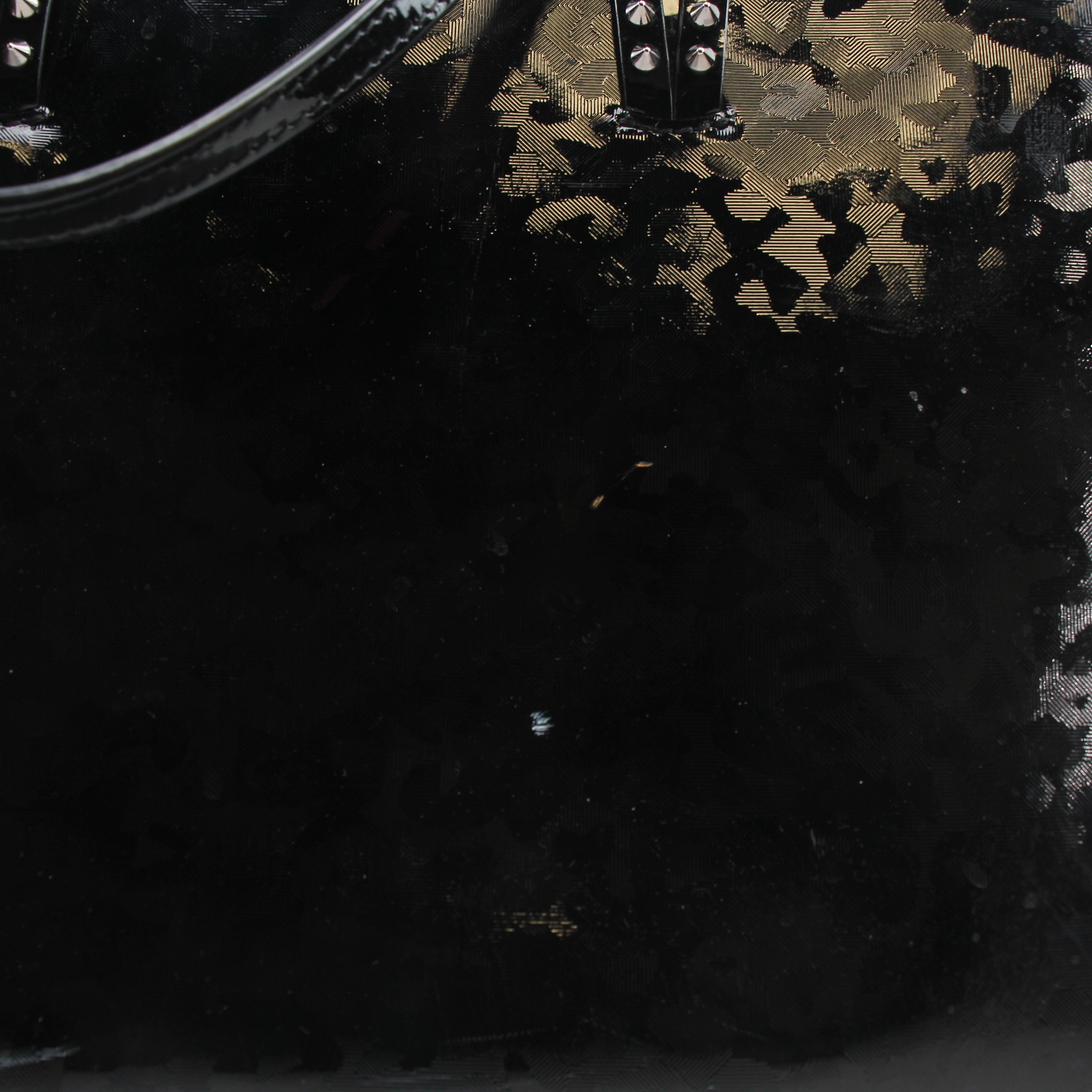 Christian Louboutin black patent leopard print Cabata tote handbag with gold accents and structured design.