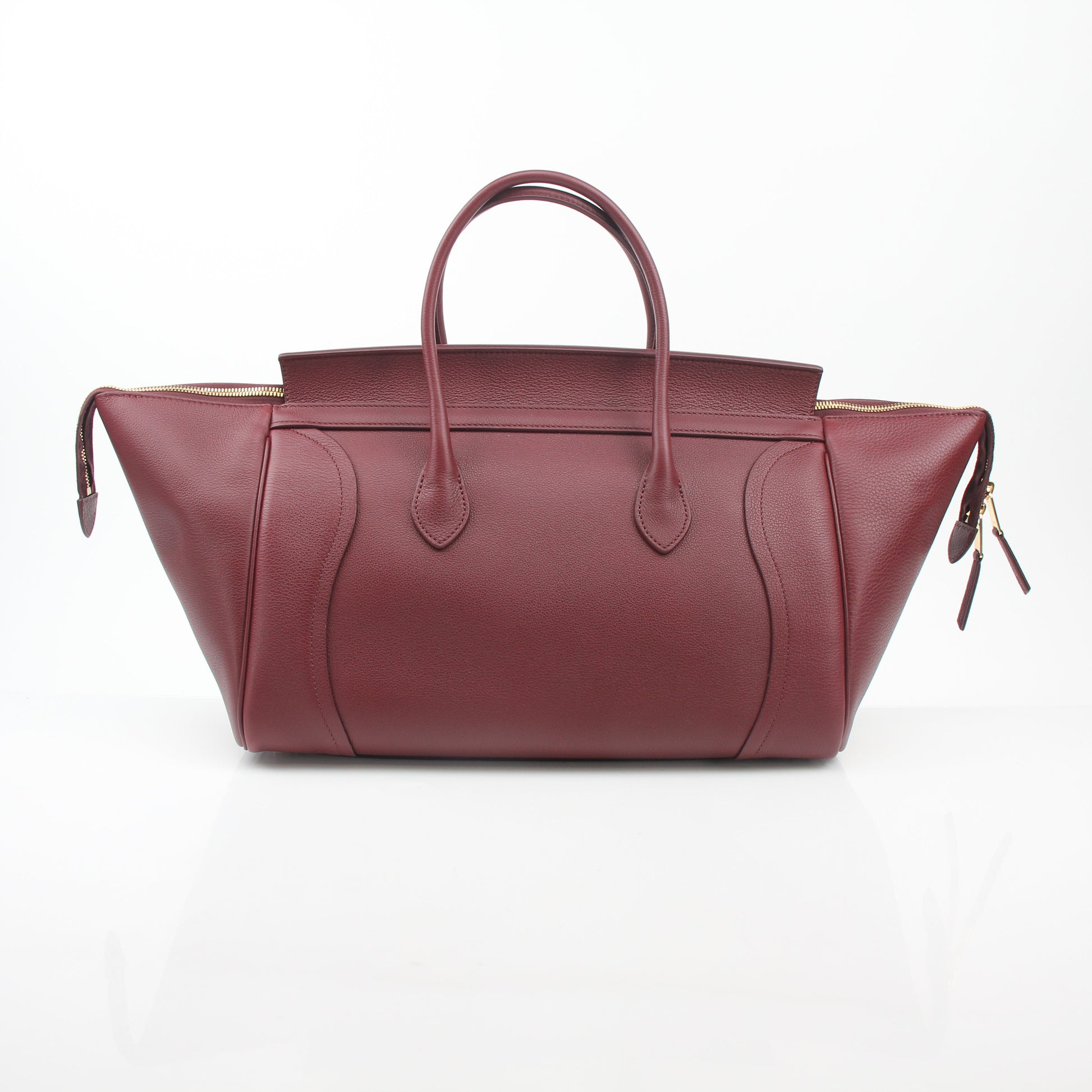 Gold & Beyond Celine Burgundy shoulder luggage tote handbag with top handles and spacious interior, stylish and functional for daily use.