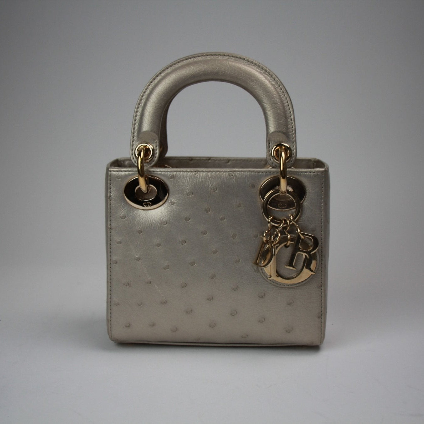 Gold & Beyond Dior Lady Dior Mini Bag handbag featuring elegant design and gold accents, showing the stylish exterior and handle.