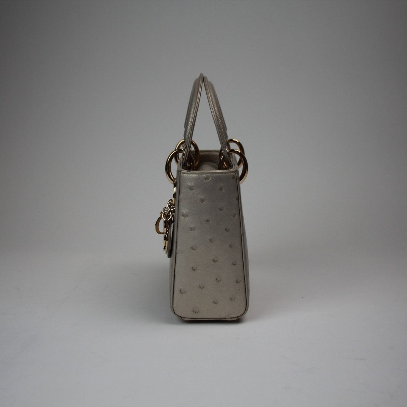 Gold & Beyond mini Dior Lady Dior handbag with quilted leather and top handle, showcasing elegant design and gold-tone accents.