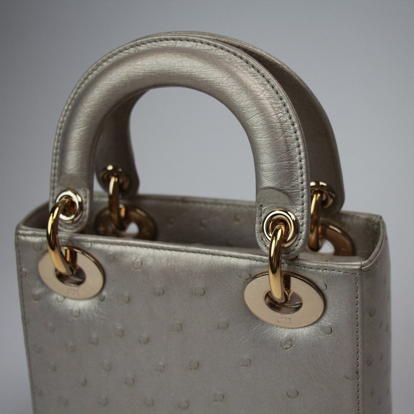 Gold & Beyond mini Lady Dior handbag in classic design, featuring elegant detailing and a chic, compact silhouette.