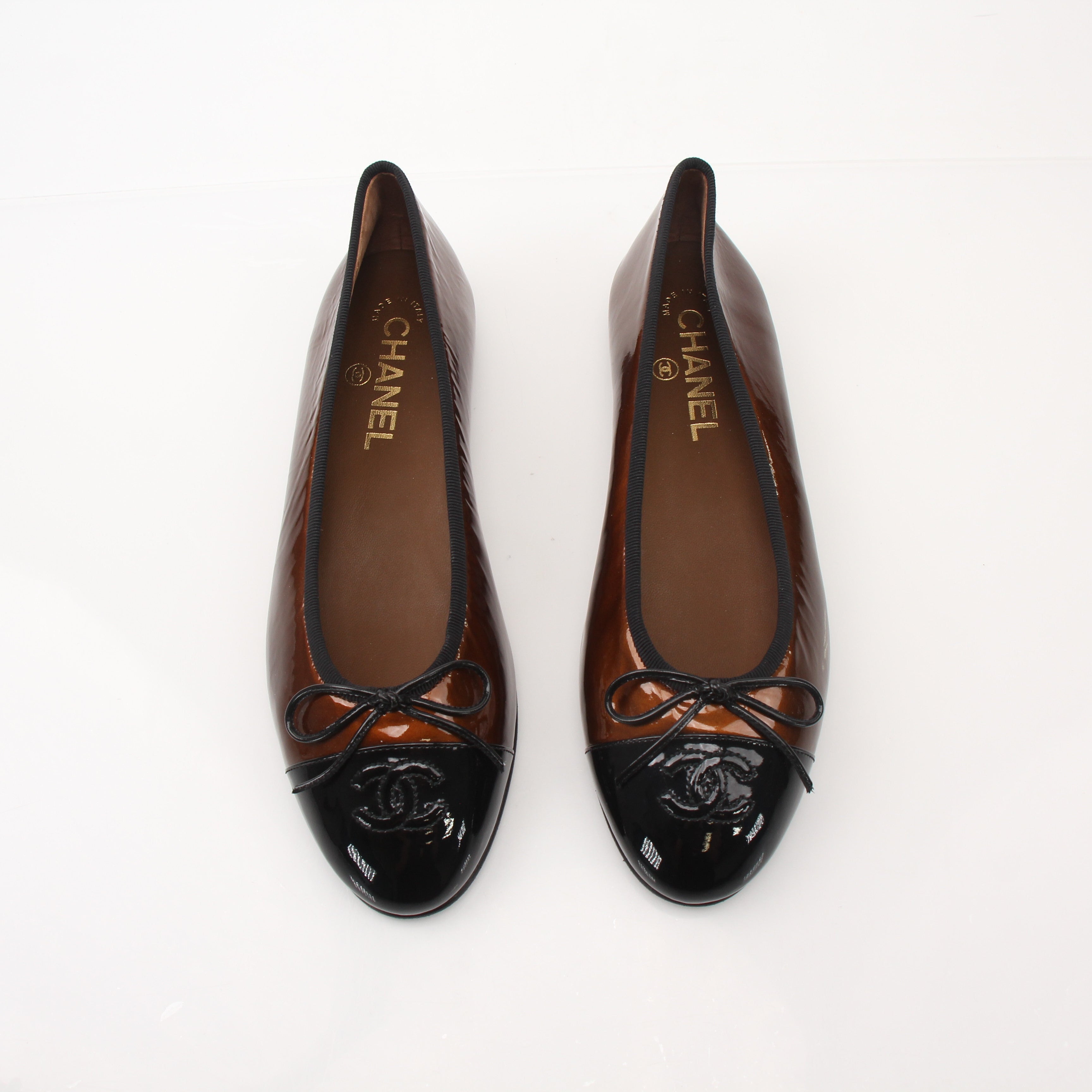 Chanel Women’s Patent Leather Cap Toe Bow Ballet Flats