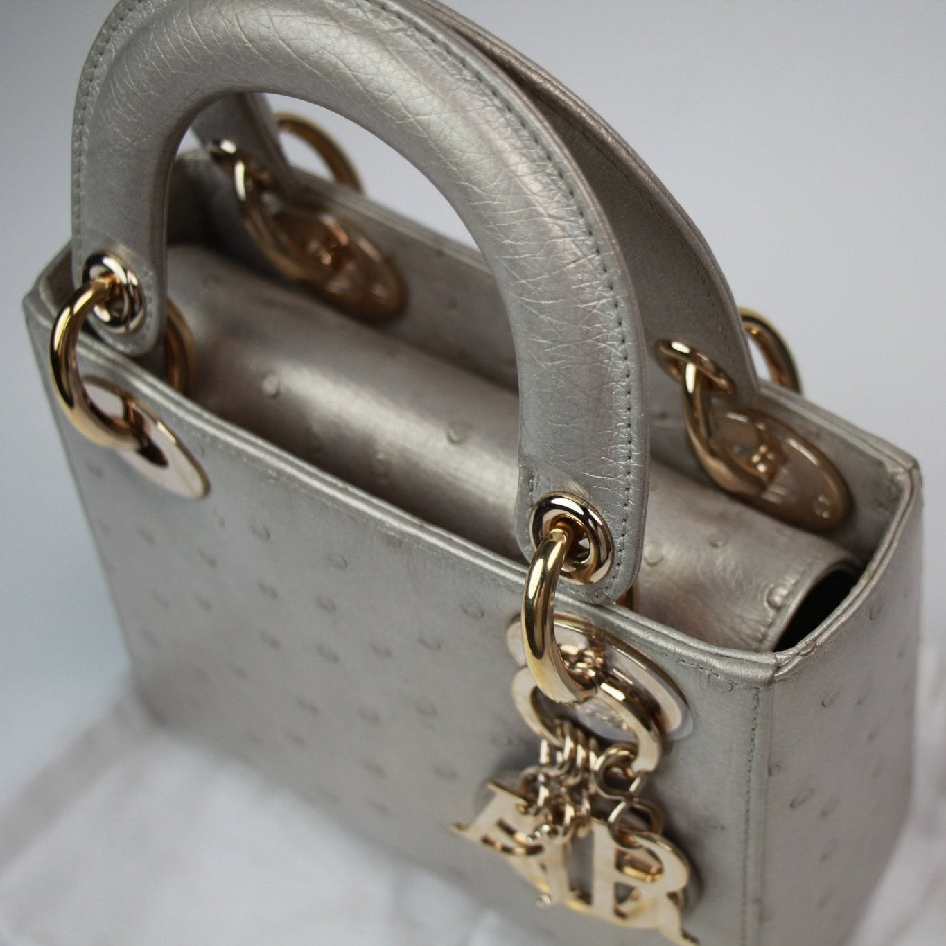 Gold & Beyond Lady Dior Mini Handbag with quilted leather and signature Dior charms, stylish accessory for women.