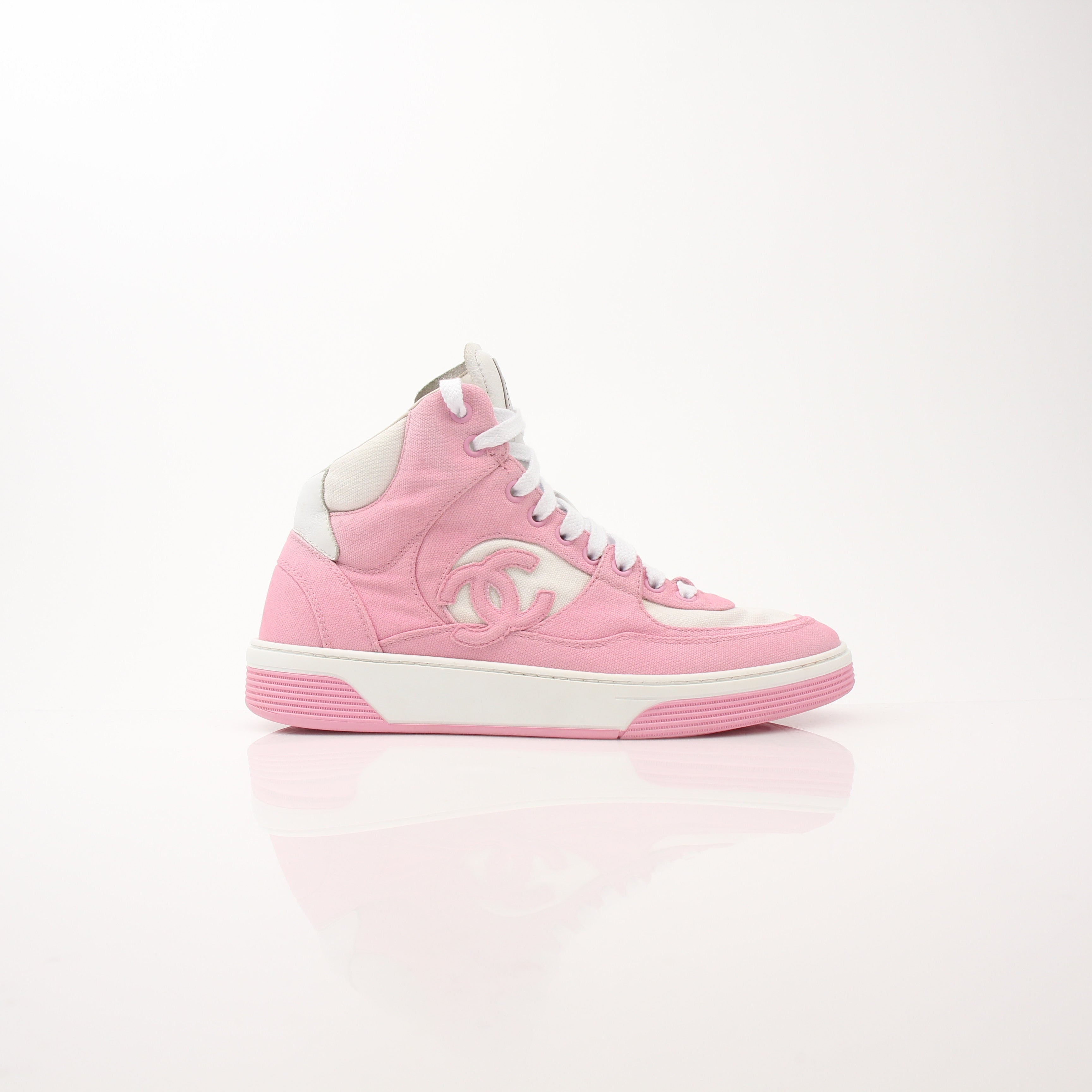 Chanel Women’s Pink Canvas Interlocking CC High Top Sneakers