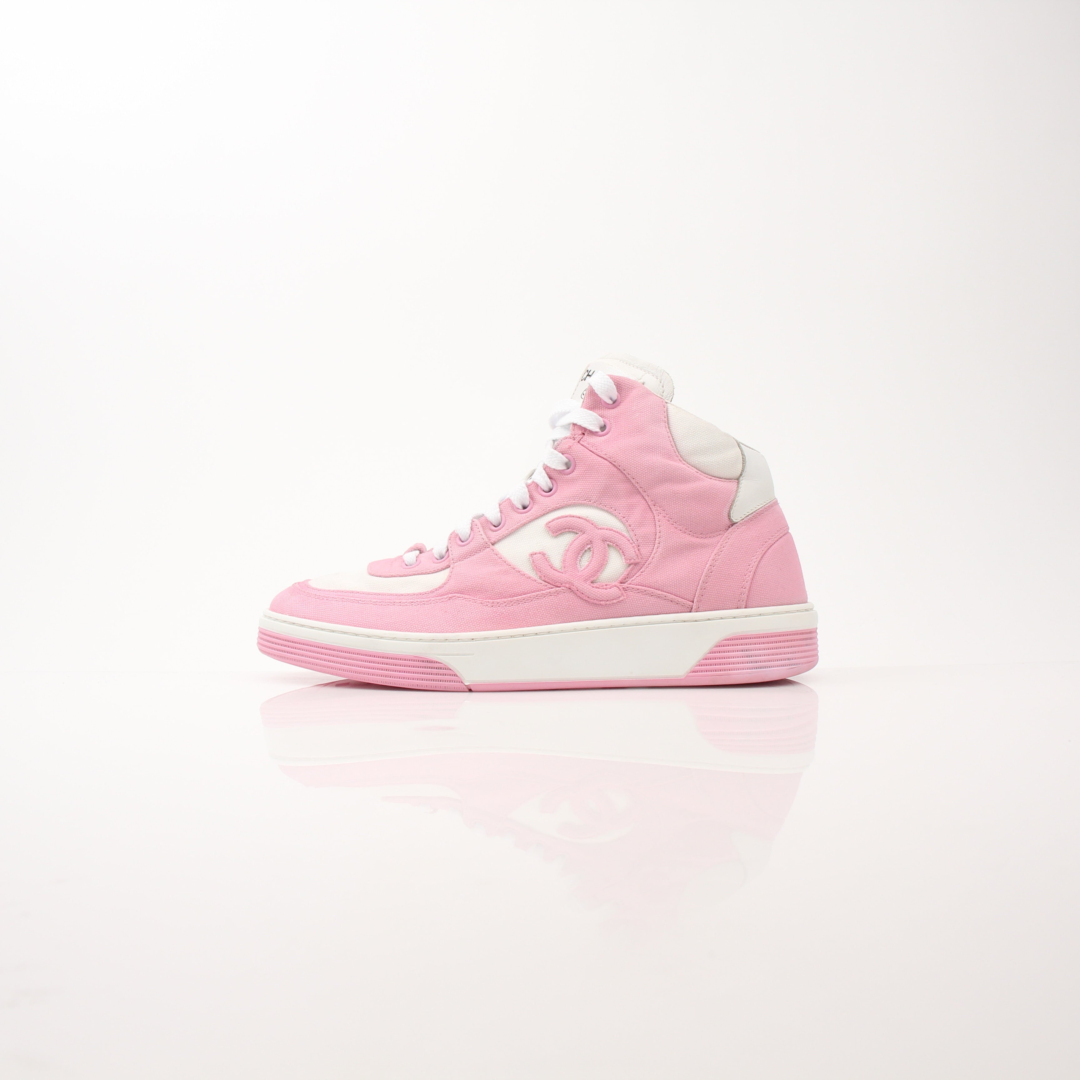 Chanel Women’s Pink Canvas Interlocking CC High Top Sneakers