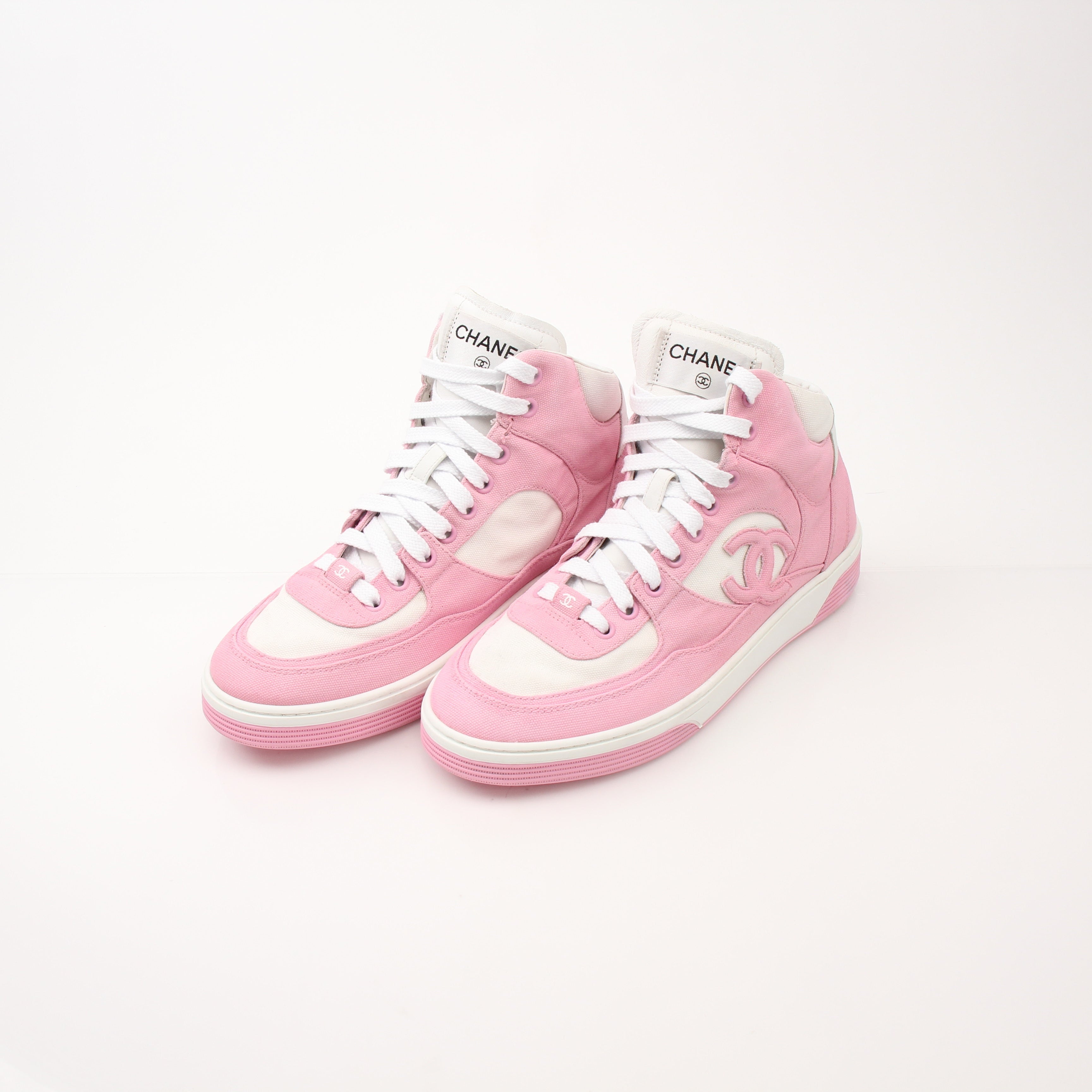Chanel Women’s Pink Canvas Interlocking CC High Top Sneakers