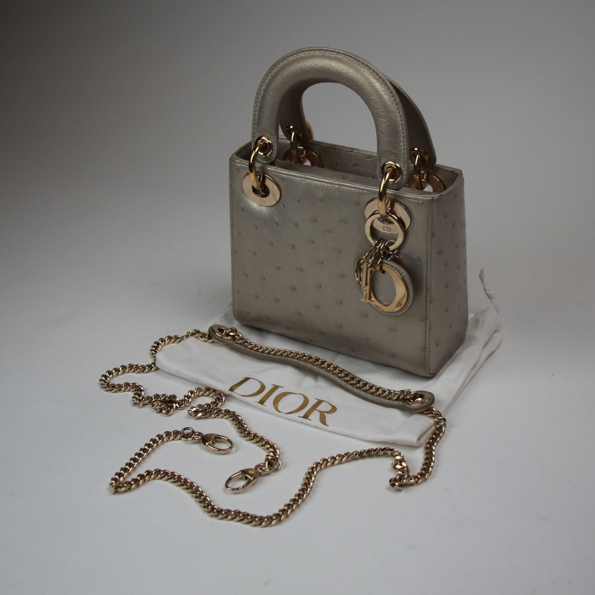 Gold & Beyond Dior Lady Dior Mini Bag handbag with quilted design and floral embellishments on a neutral background.