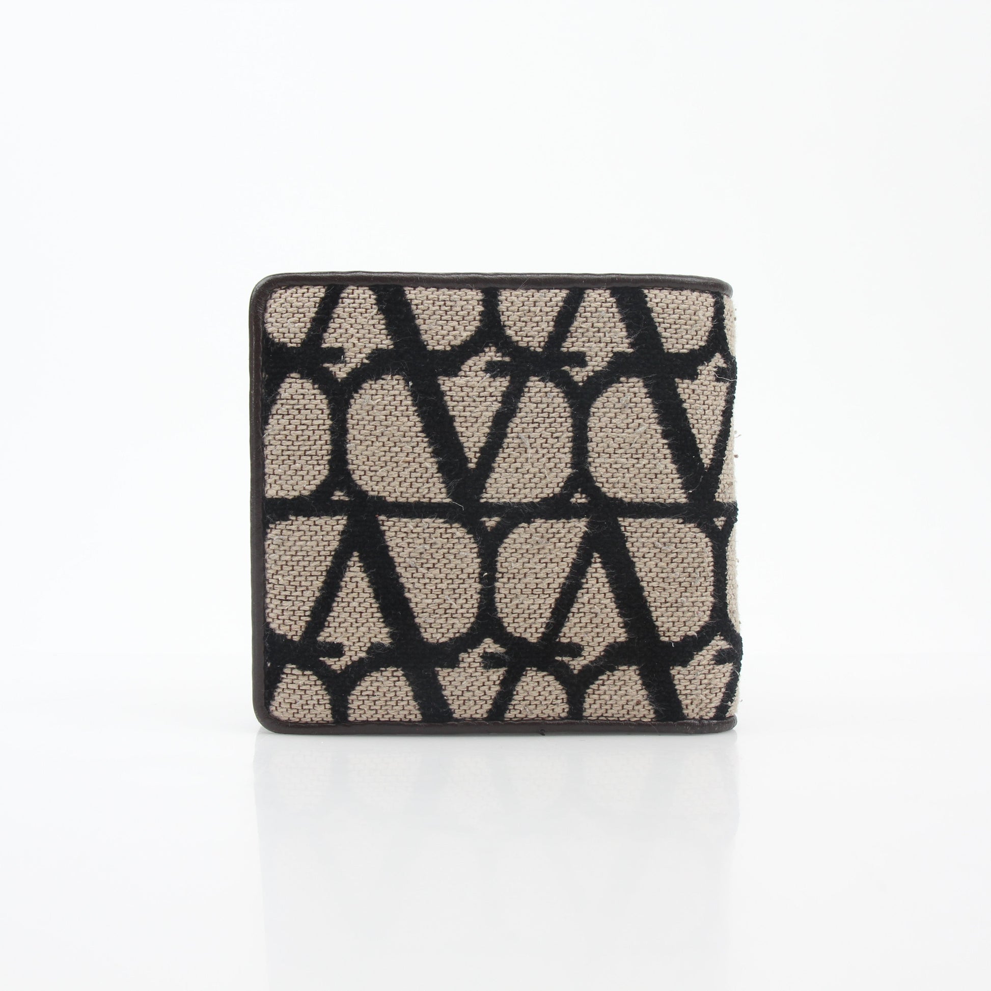 Valentino Garavani Toile Iconographe bifold wallet in natural and black leather with gold accents, featuring signature logo details.
