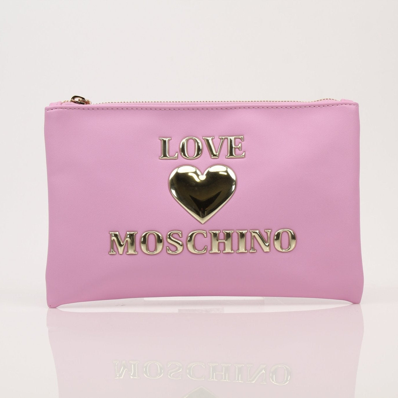 Gold & Beyond Moschino Love Pouch handbag with gold chain strap and logo details, black leather material, stylish and compact design.
