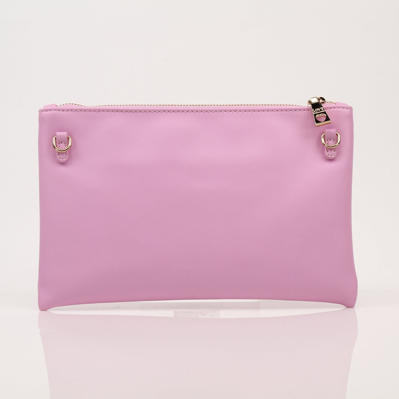 Gold & Beyond Moschino Love Pouch handbag with chain strap, black leather exterior, and silver hardware details.