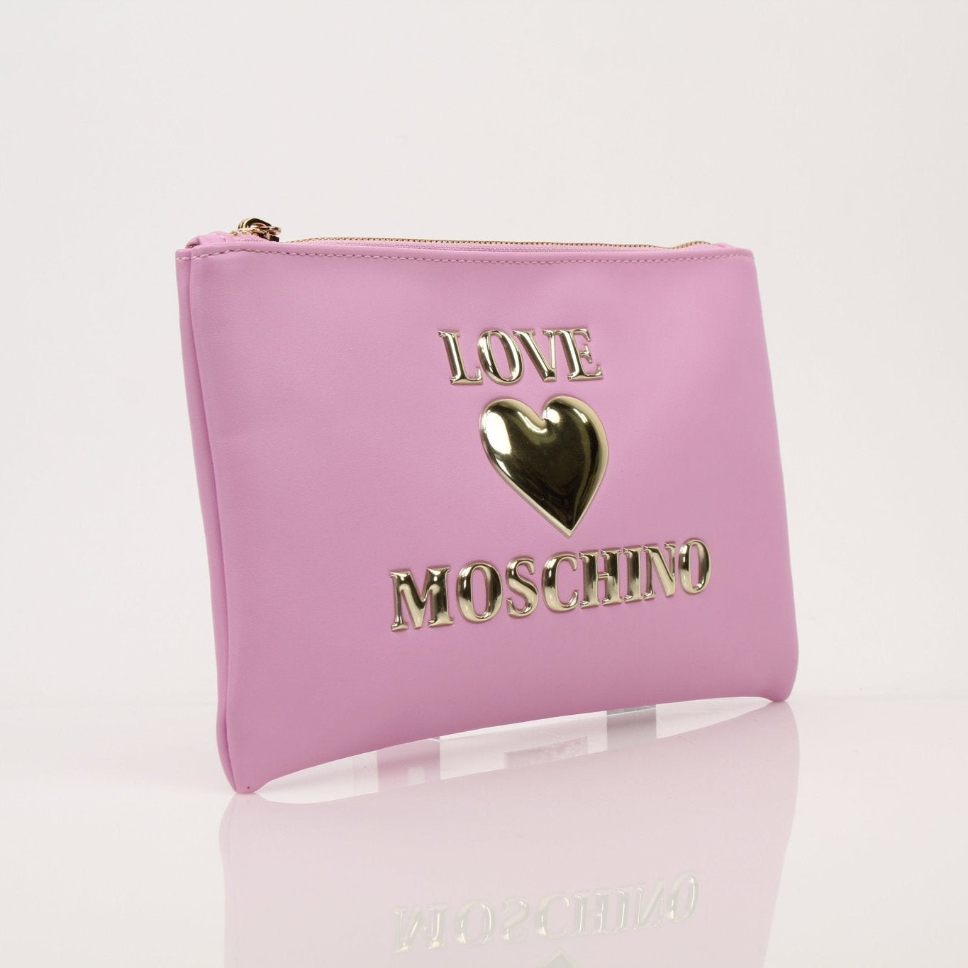 Gold & Beyond Moschino Love Pouch handbag with a sleek design, featuring a gold-tone chain strap and stylish logo detail.
