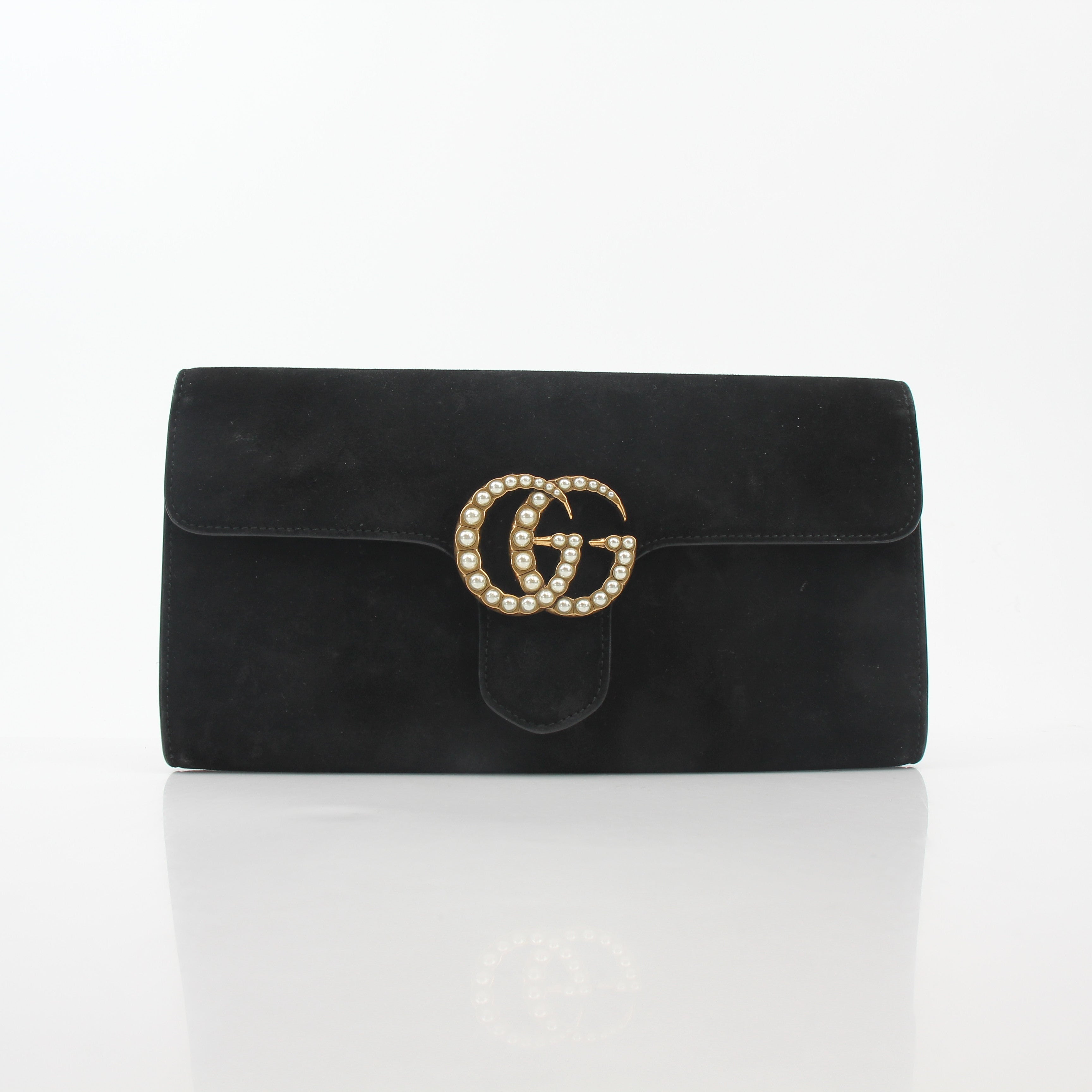 Gucci Black Suede Pearly GG Marmont Clutch Bag