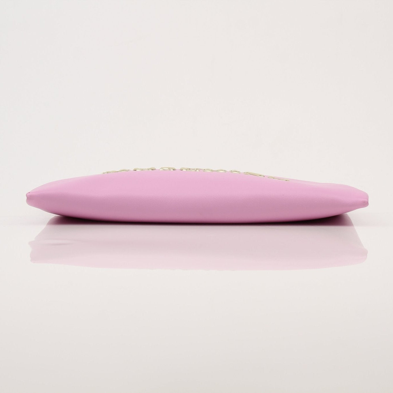 Gold & Beyond Moschino Love Pouch handbag with a sleek design and gold hardware, shown from a front view.