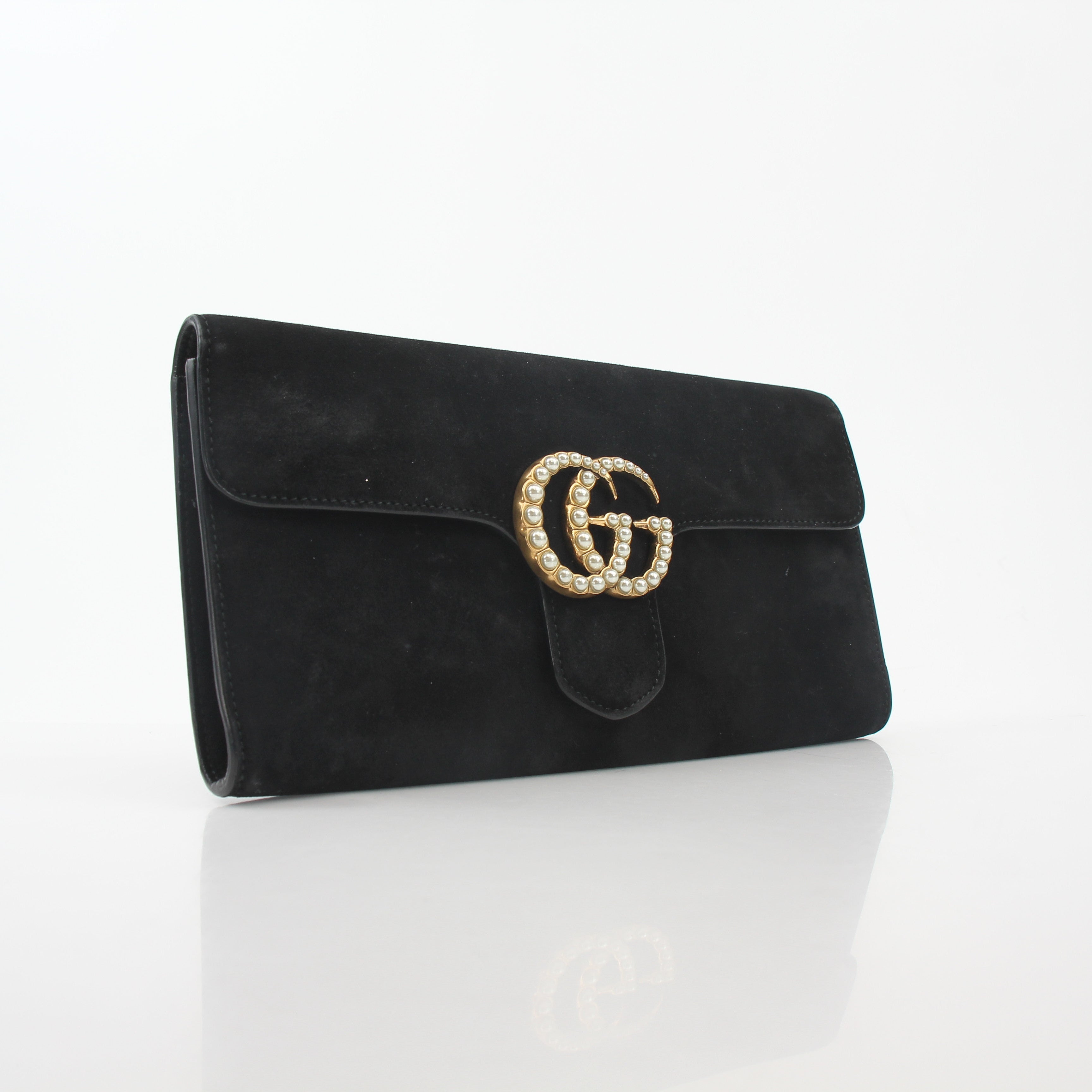 Gucci Black Suede Pearly GG Marmont Clutch Bag