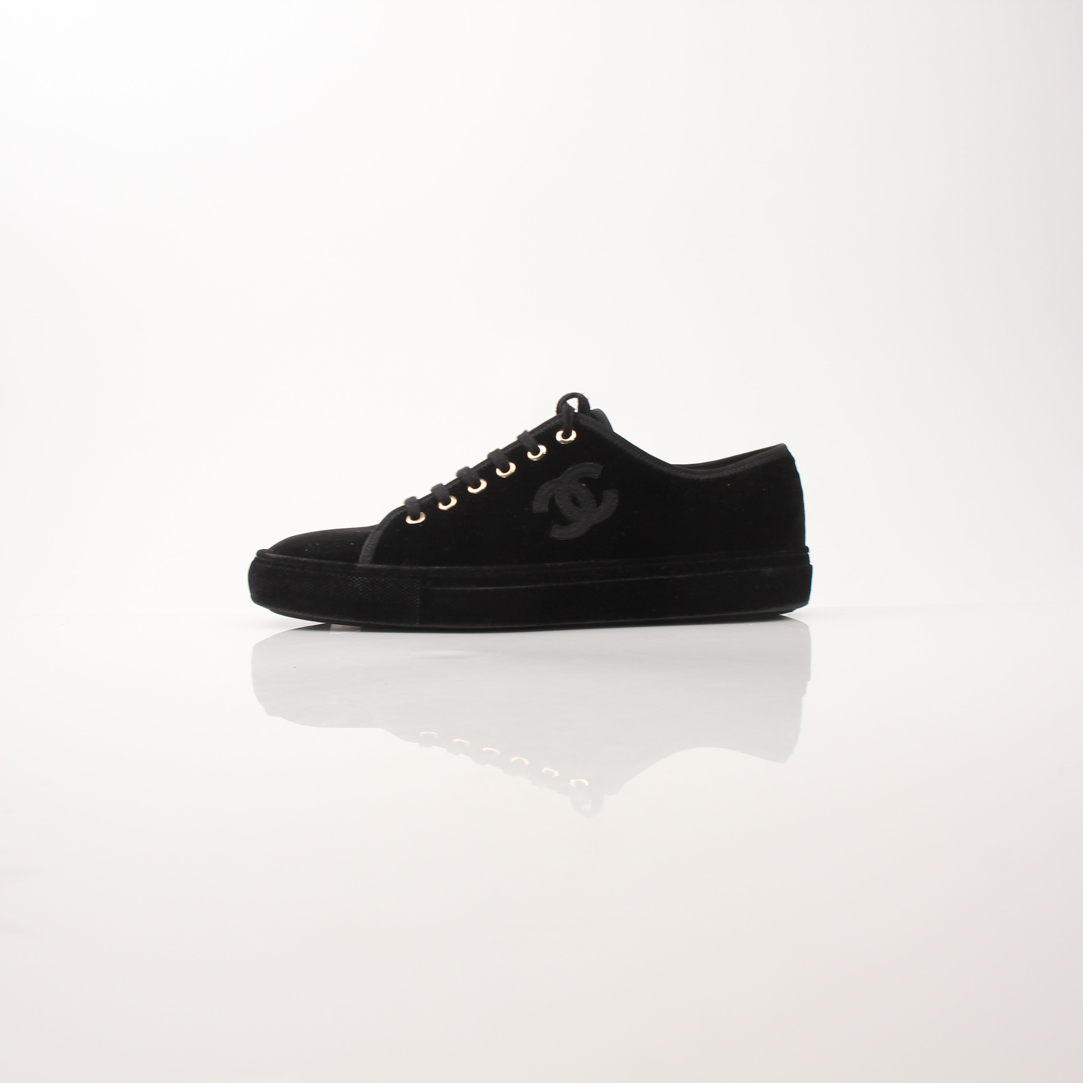 Chanel Women’s Black Velvet Interlocking CC Logo Sneakers