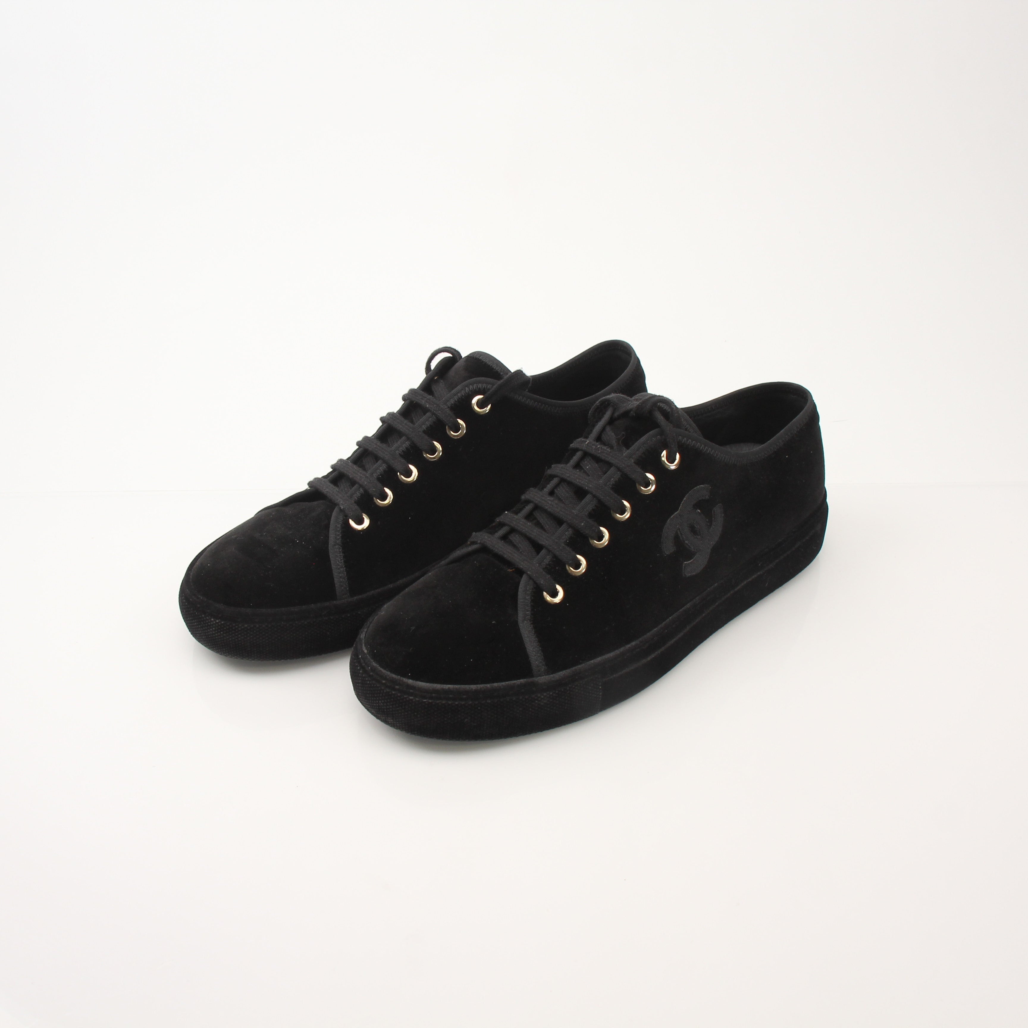 Chanel Women’s Black Velvet Interlocking CC Logo Sneakers