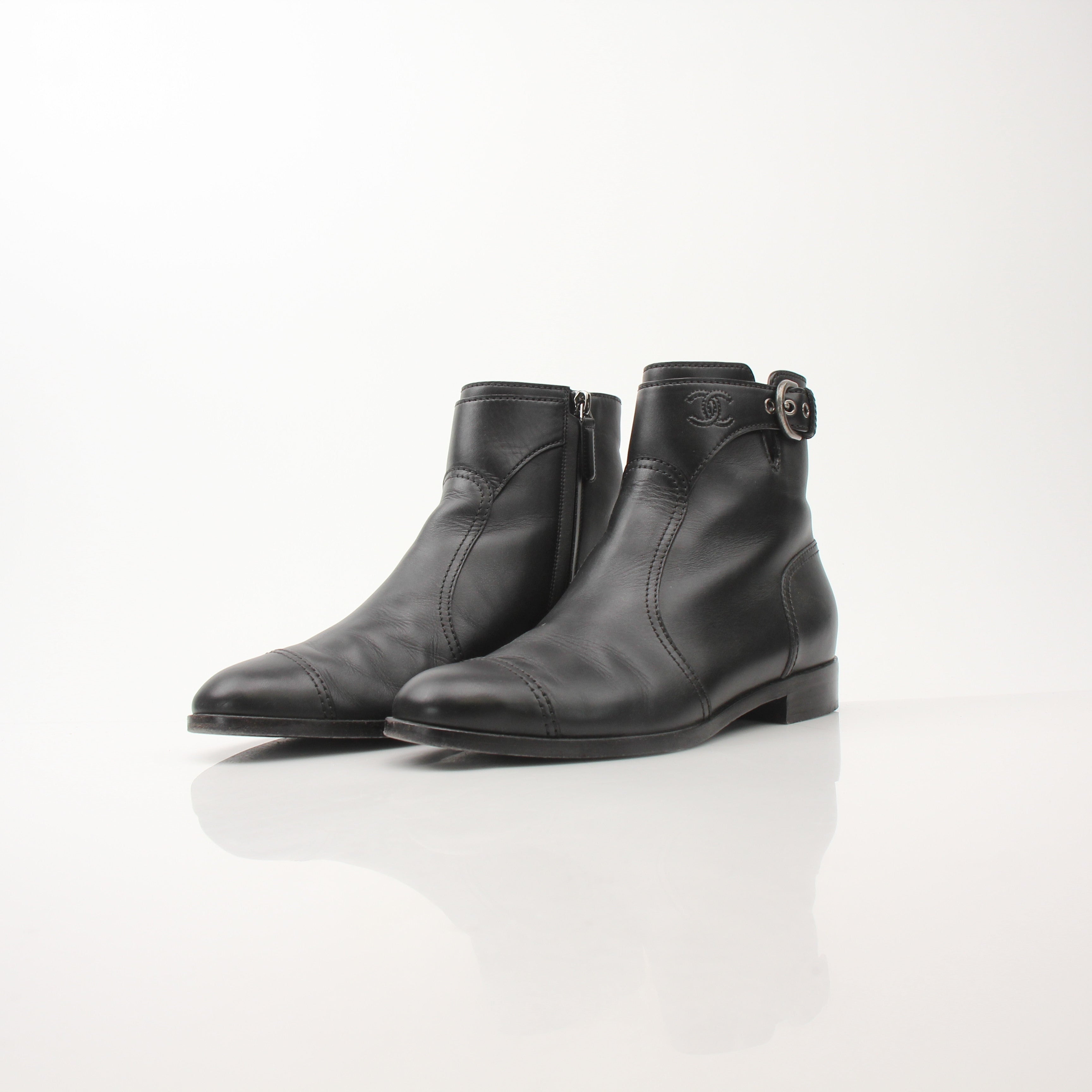 Chanel Women’s Black Leather Cap Toe CC Ankle Boots