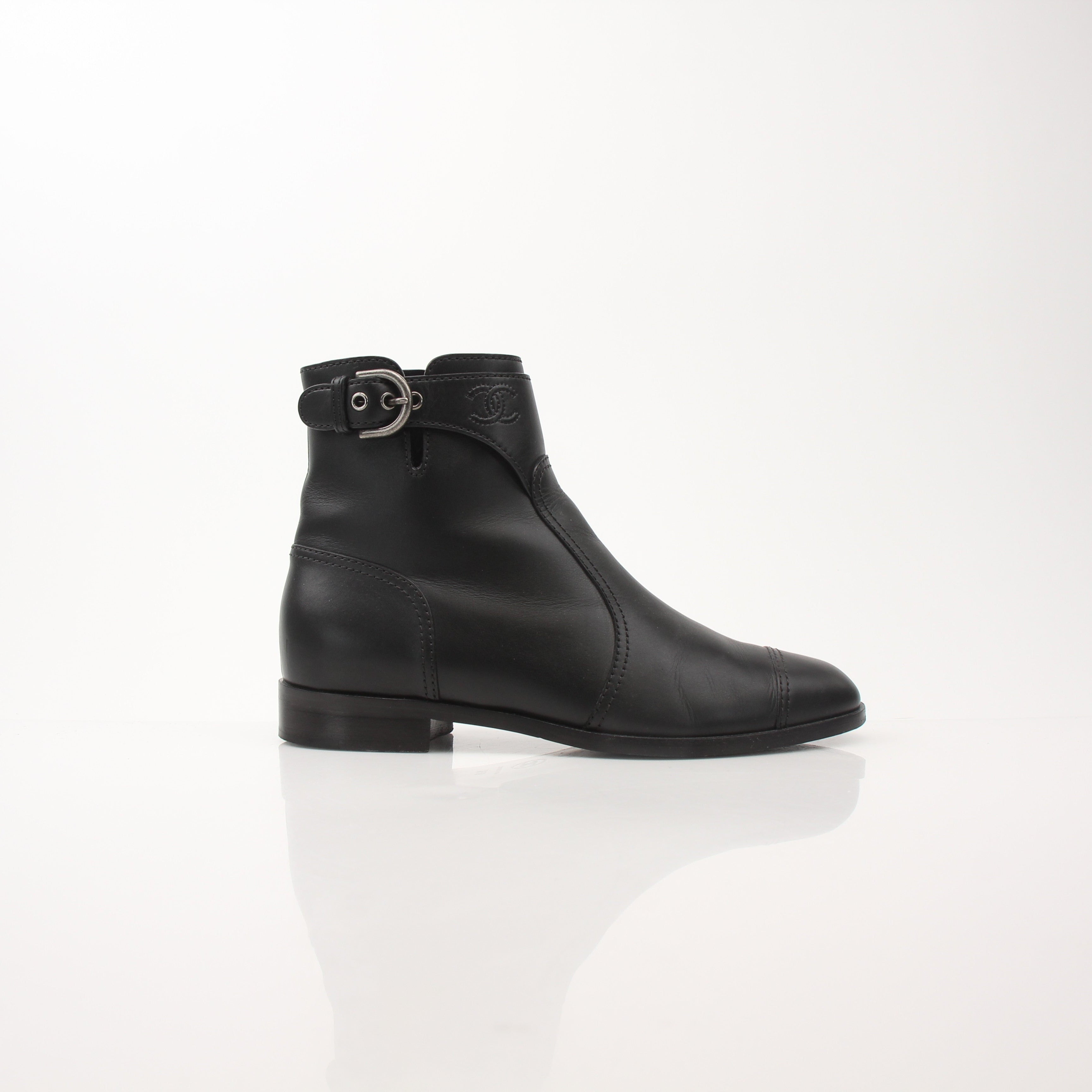 Chanel Women’s Black Leather Cap Toe CC Ankle Boots