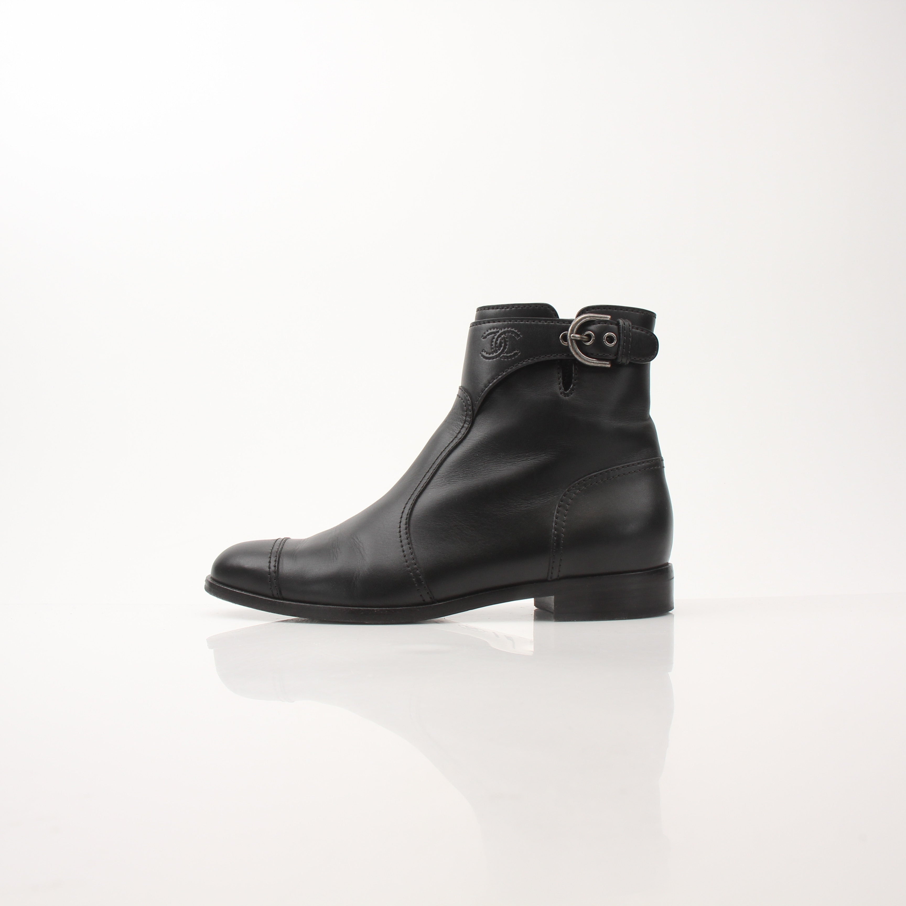 Chanel Women’s Black Leather Cap Toe CC Ankle Boots