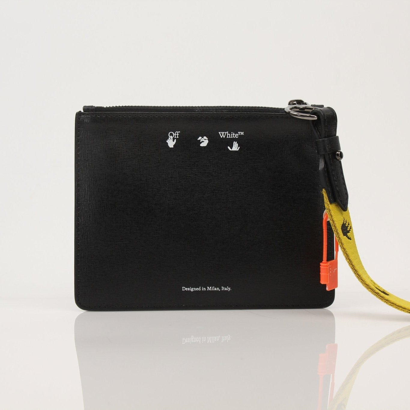 Off-White Diagonal Clutch handbag in black with signature diagonal stripe design, featuring a sleek, modern style.