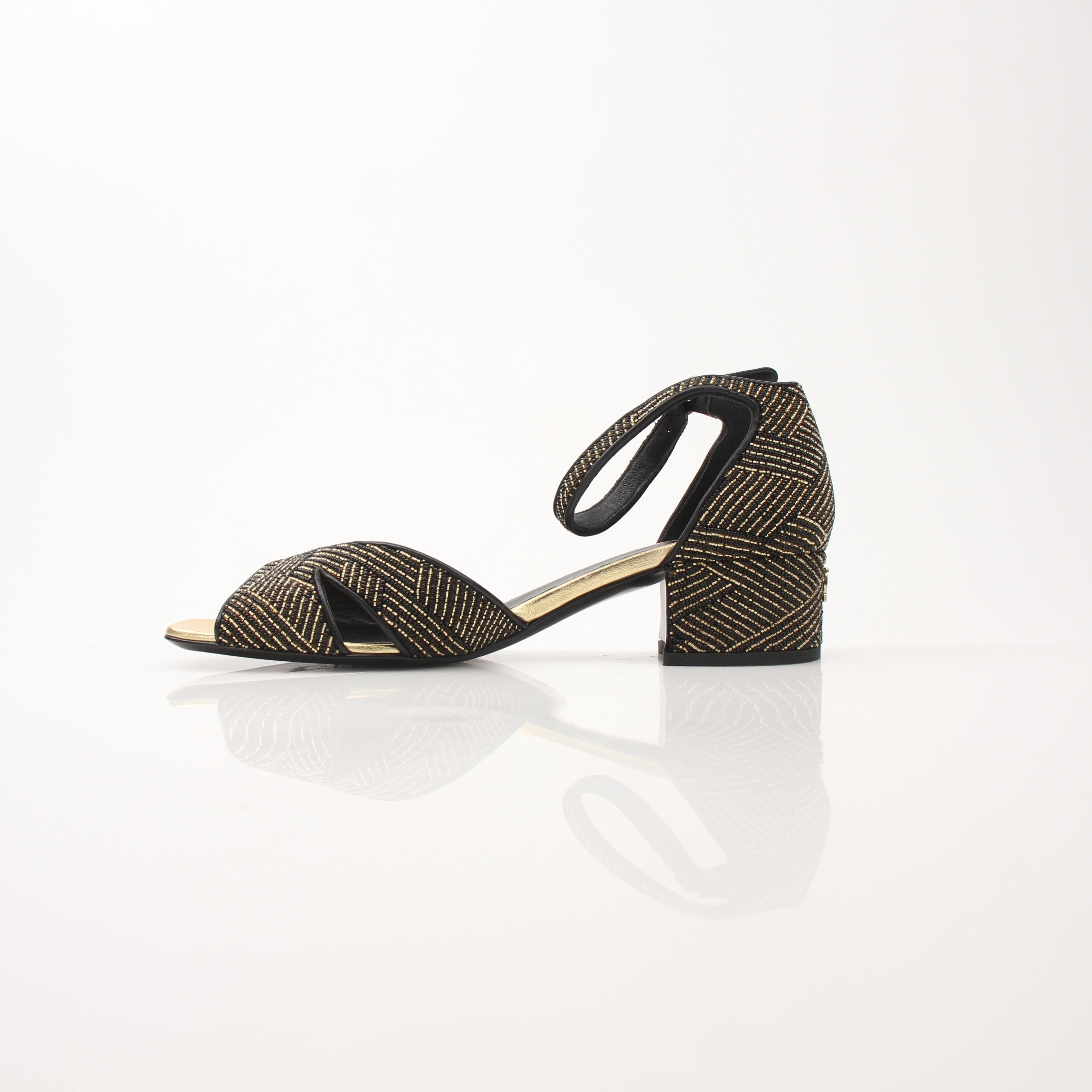 Chanel Women’s Black & Gold Fabric Ankle Strap Sandals