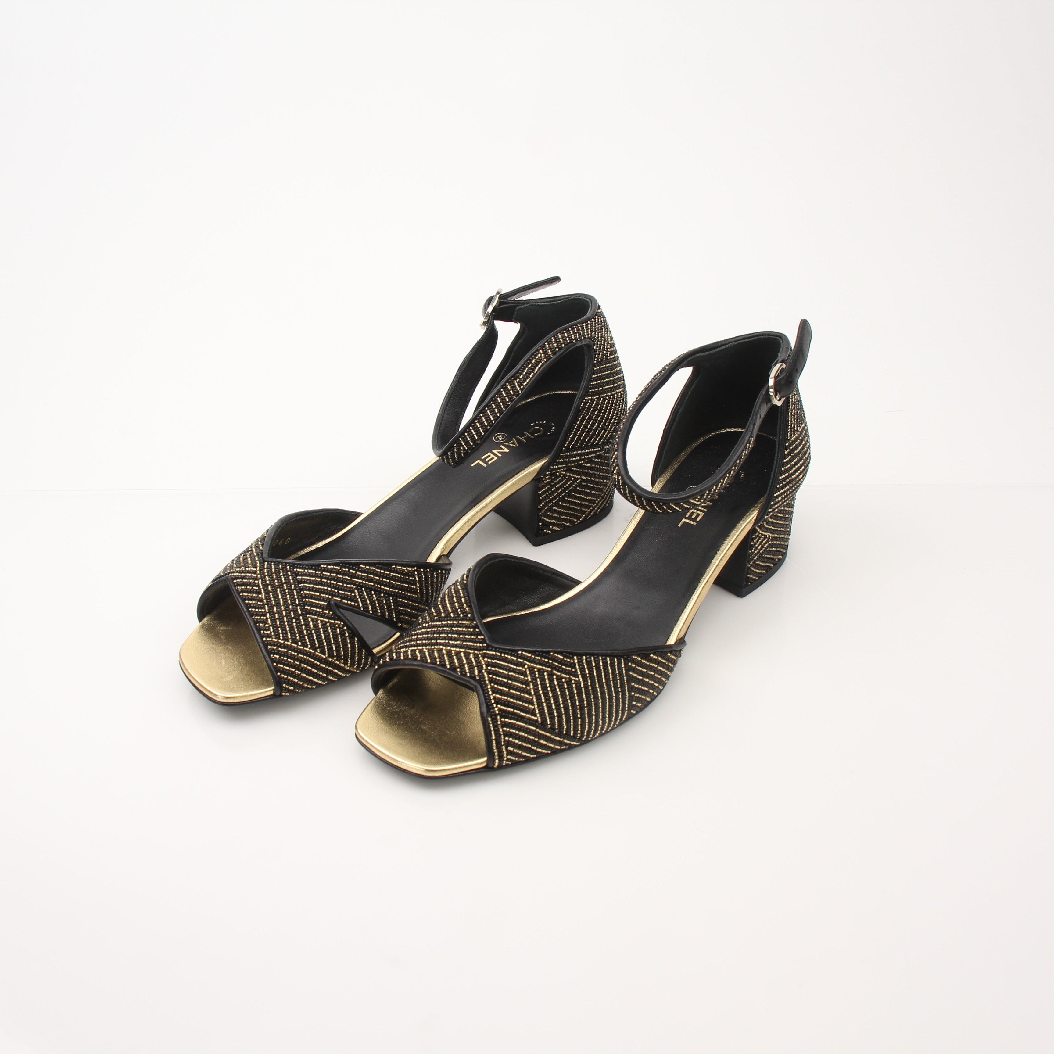 Chanel Women’s Black & Gold Fabric Ankle Strap Sandals