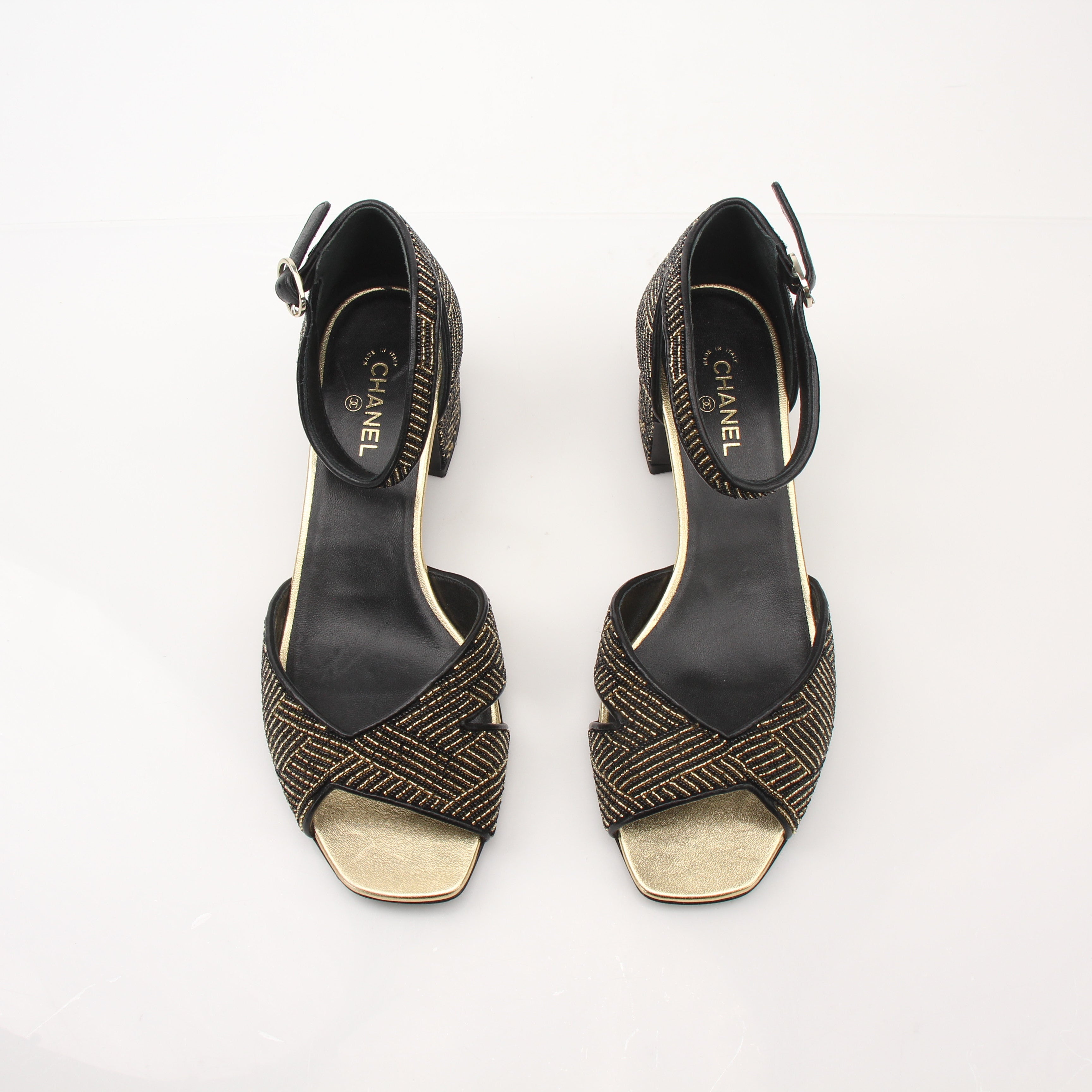Chanel Women’s Black & Gold Fabric Ankle Strap Sandals