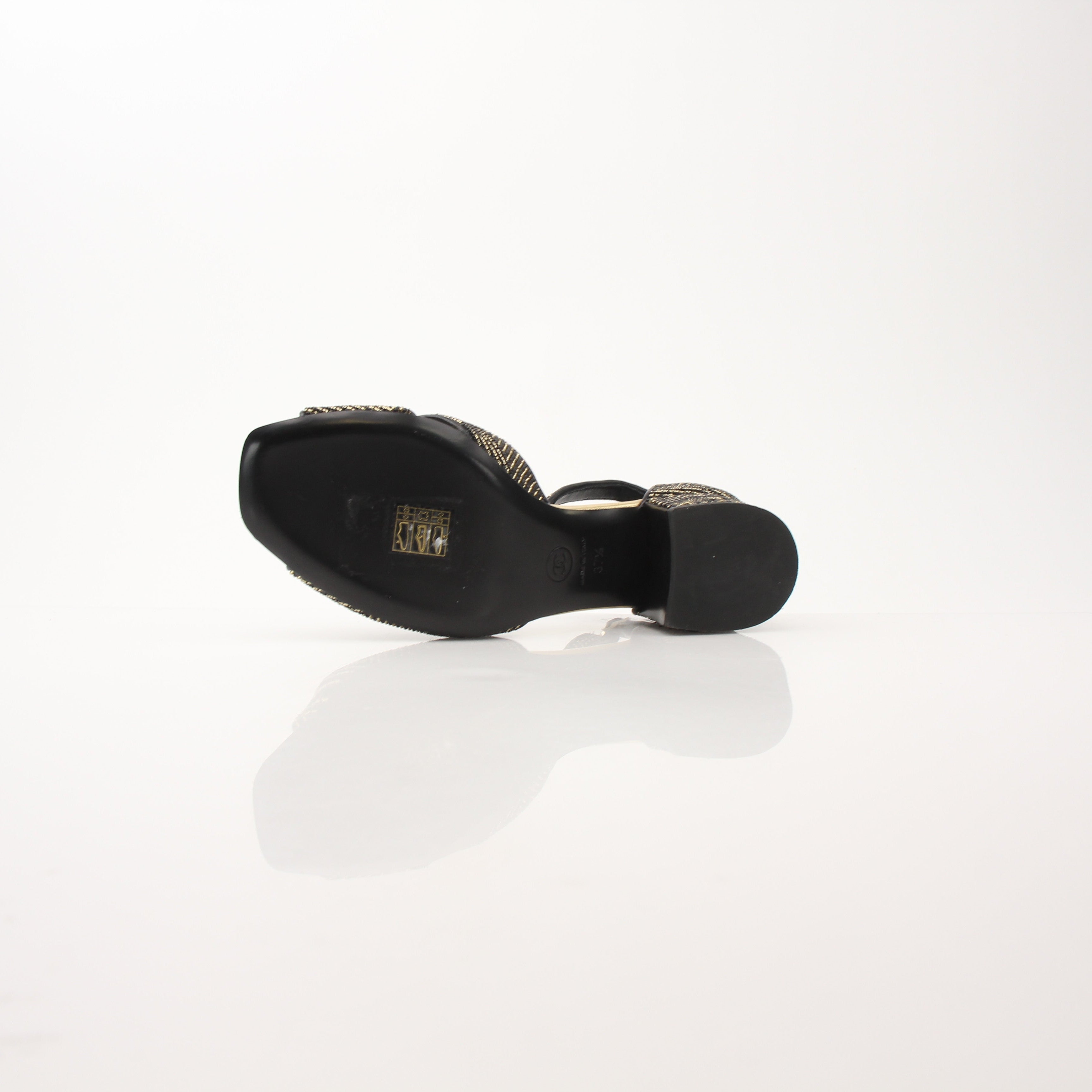 Chanel Women’s Black & Gold Fabric Ankle Strap Sandals