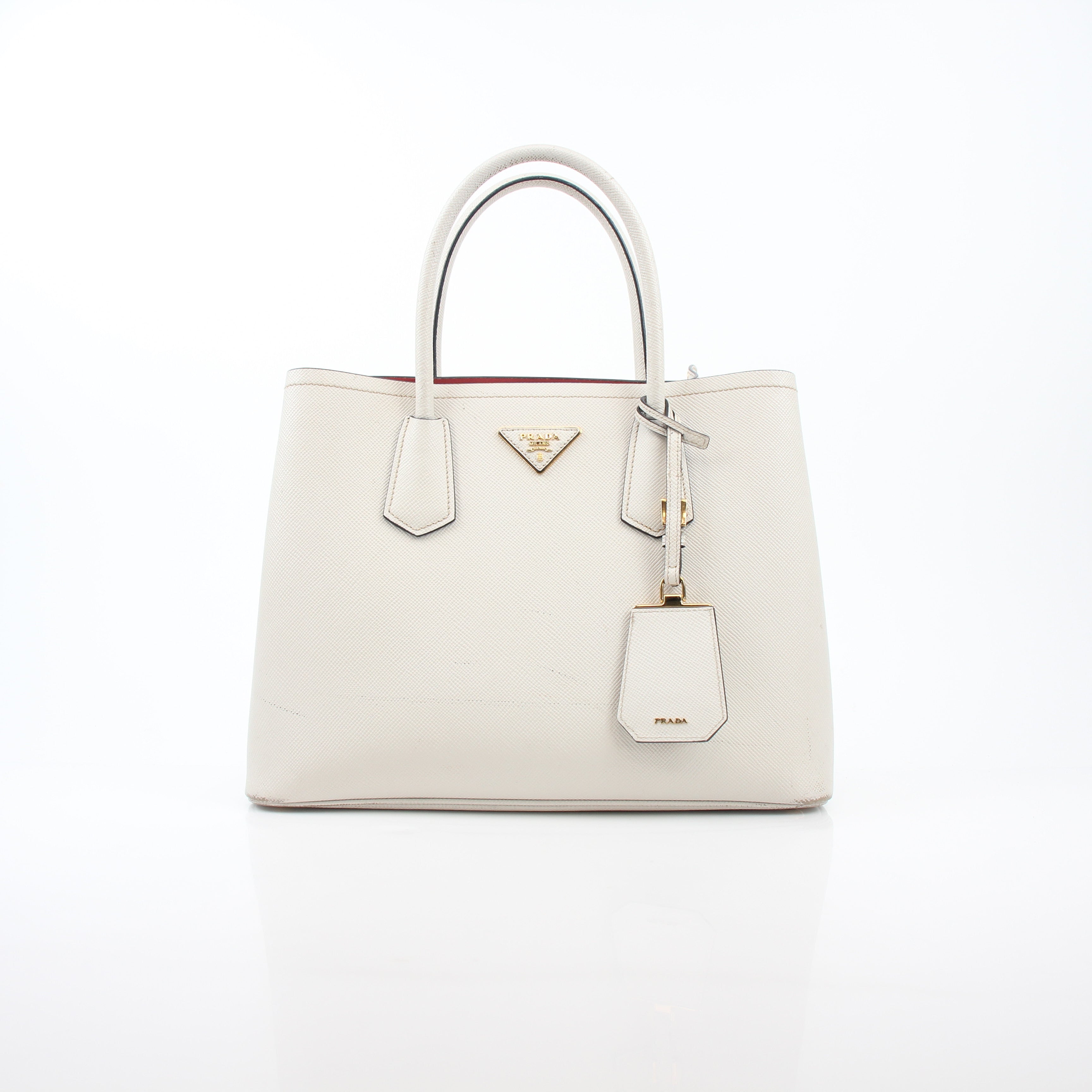 Prada White Saffiano Cuir Medium Double Tote Bag