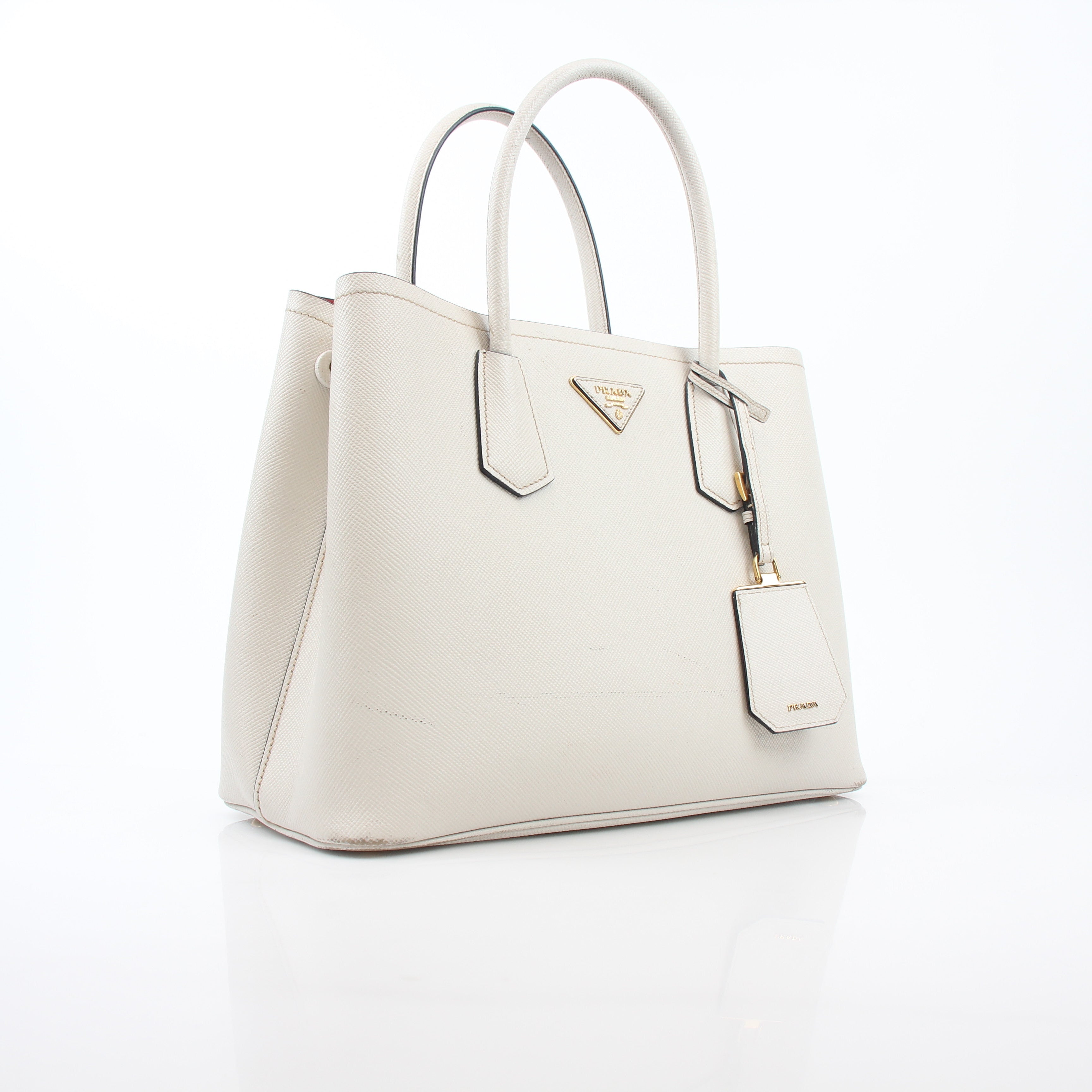 Prada White Saffiano Cuir Medium Double Tote Bag