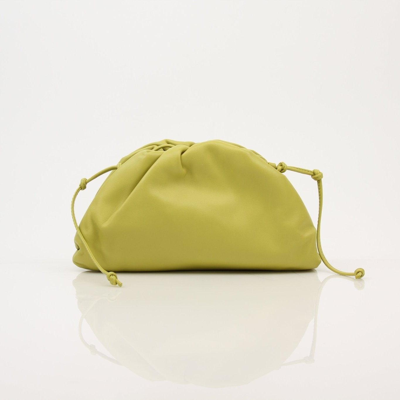 Green Bottega Veneta The Pouch Mini handbag with gold hardware, stylish and compact, perfect for elegant everyday use.