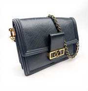 Gold & Beyond Louis Vuitton Mini Dauphine crossbody handbag with gold hardware and signature monogram canvas, front view.