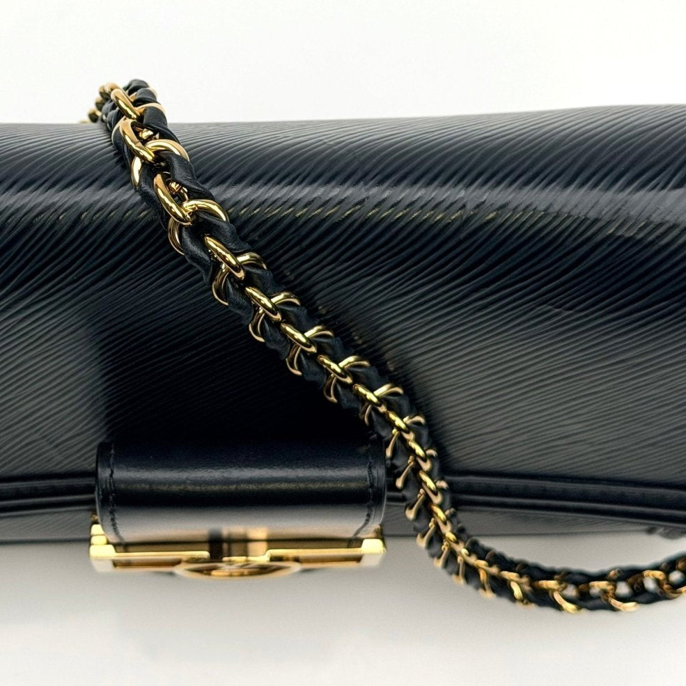 Gold & Beyond Louis Vuitton Mini Dauphine crossbody handbag with leather strap and signature monogram pattern.