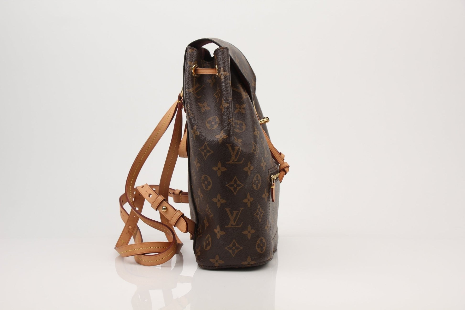 Gold & Beyond Louis Vuitton Montsouris backpack, stylish travel bag with leather accents and adjustable straps, on a plain background.