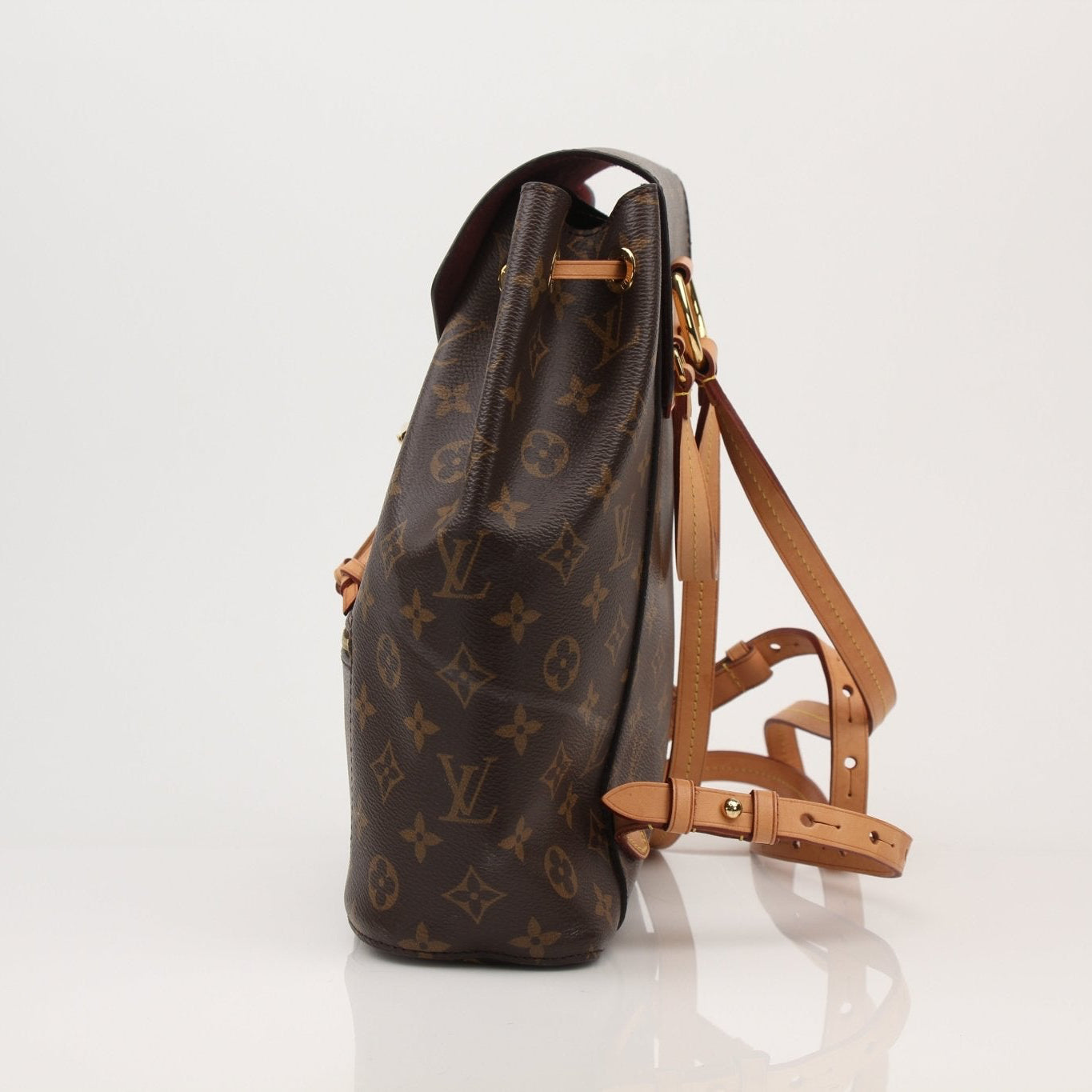 Gold & Beyond Louis Vuitton Montsouris backpack, stylish travel bag with leather accents and adjustable straps, on a plain background.