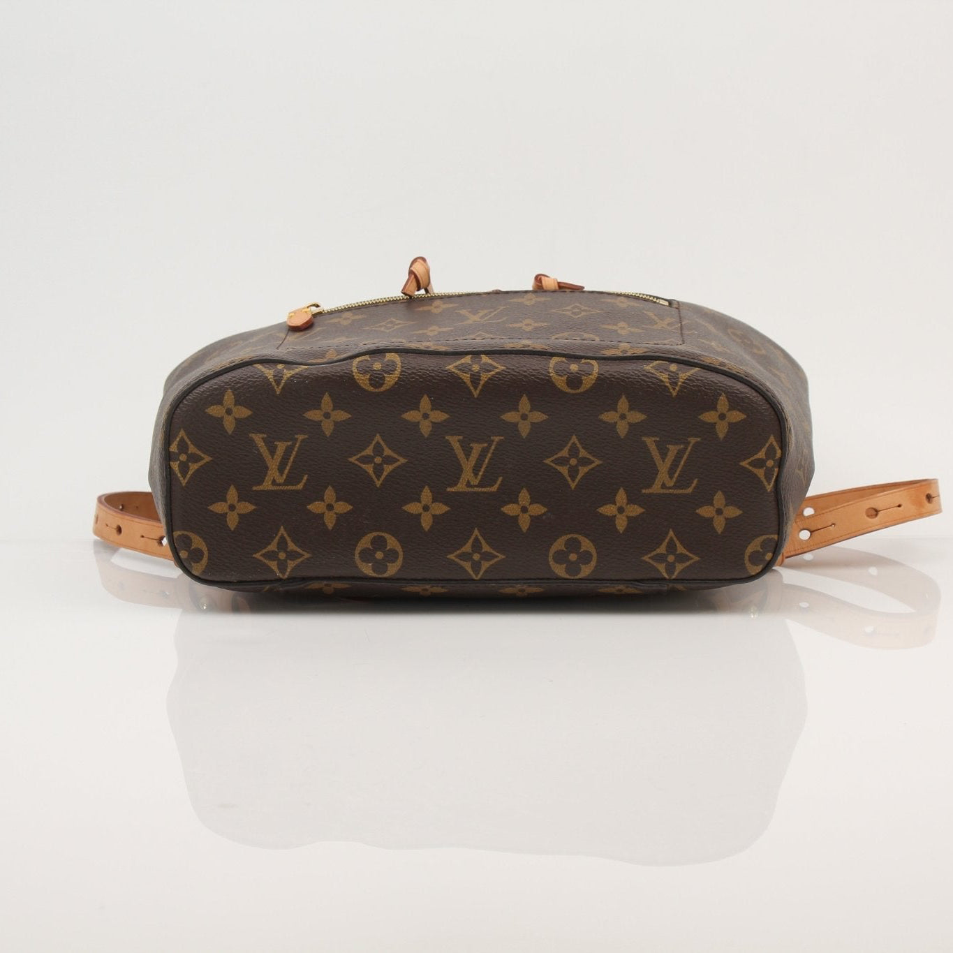 Gold & Beyond Louis Vuitton Montsouris backpack, stylish travel bag with leather accents and adjustable straps.