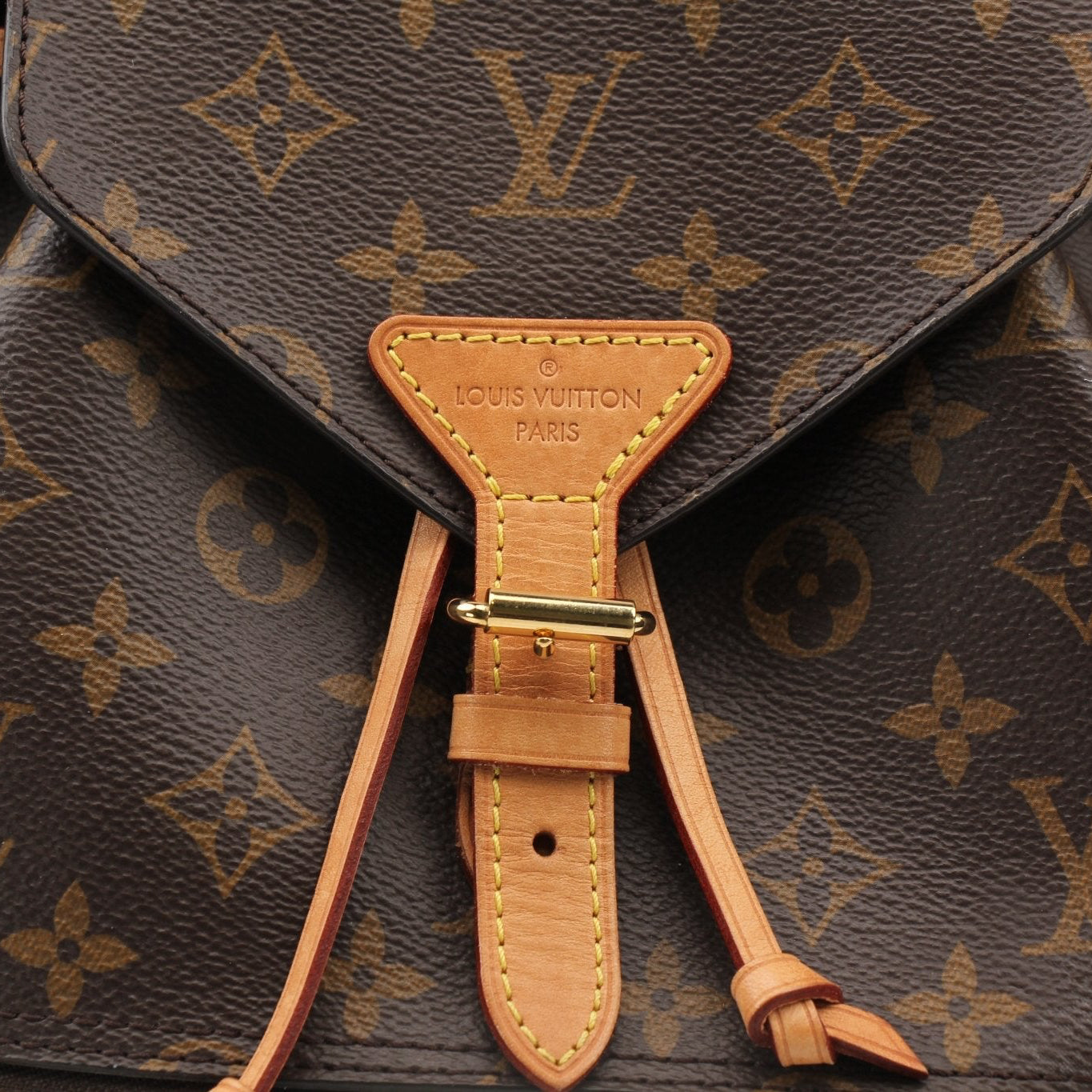 Gold & Beyond Louis Vuitton Montsouris backpack, a stylish travel bag with leather accents and adjustable straps.