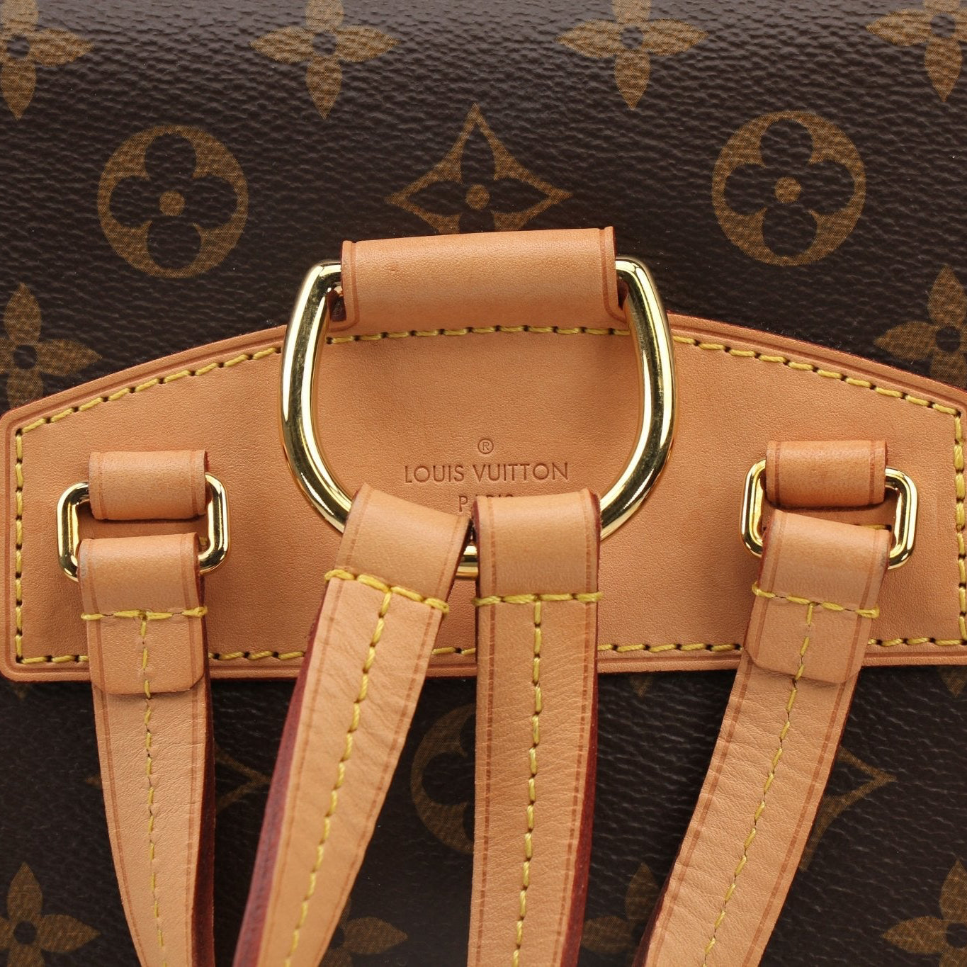 Gold & Beyond Louis Vuitton Montsouris backpack, stylish travel bag with signature monogram canvas and leather accents, front view.