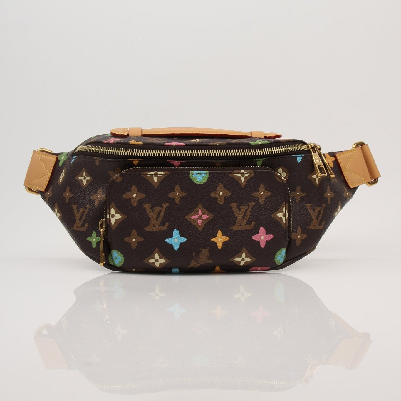 Louis Vuitton x Tyler The Creator designer bum bag with gold accents, featuring bold branding and vibrant fabric details.