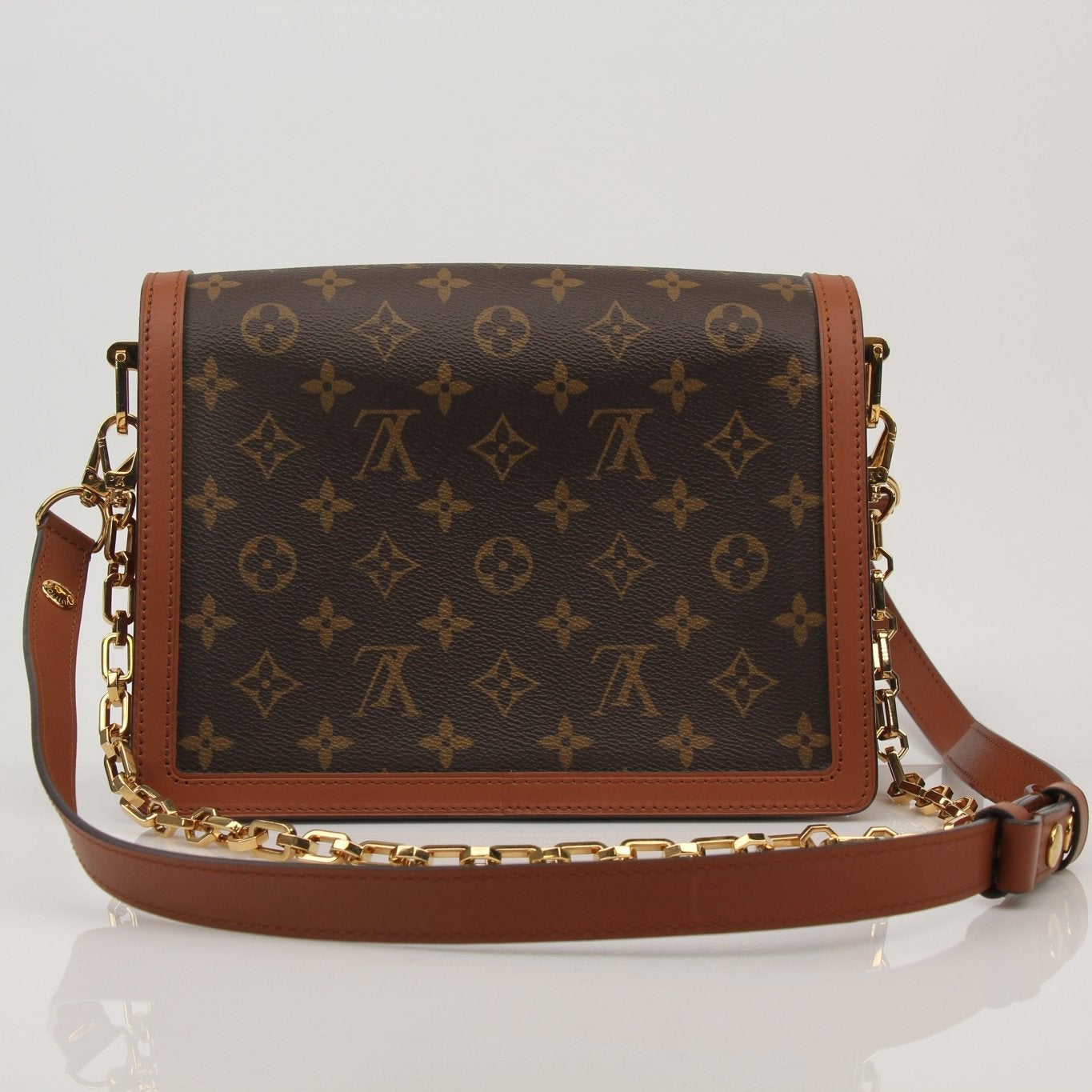 Louis Vuitton Dauphine MM handbag in leather with gold hardware, shown in a close-up image highlighting its elegant design.