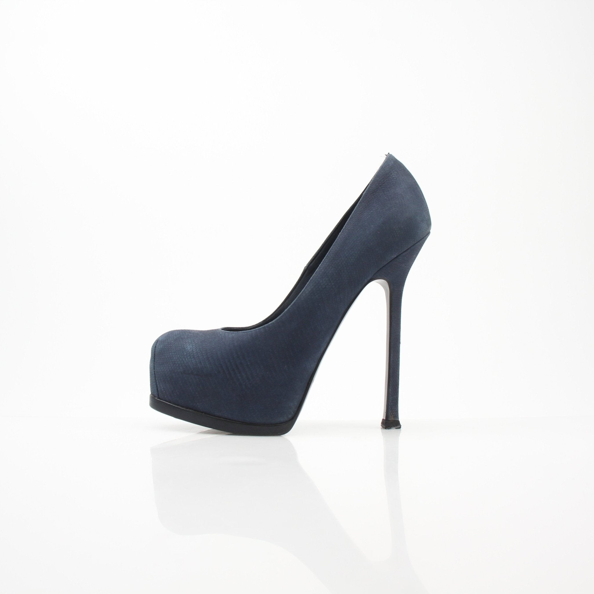 Navy suede Saint Laurent Tribute Two platform pumps with chunky heels and pointed toes, designed by Gold & Beyond.
