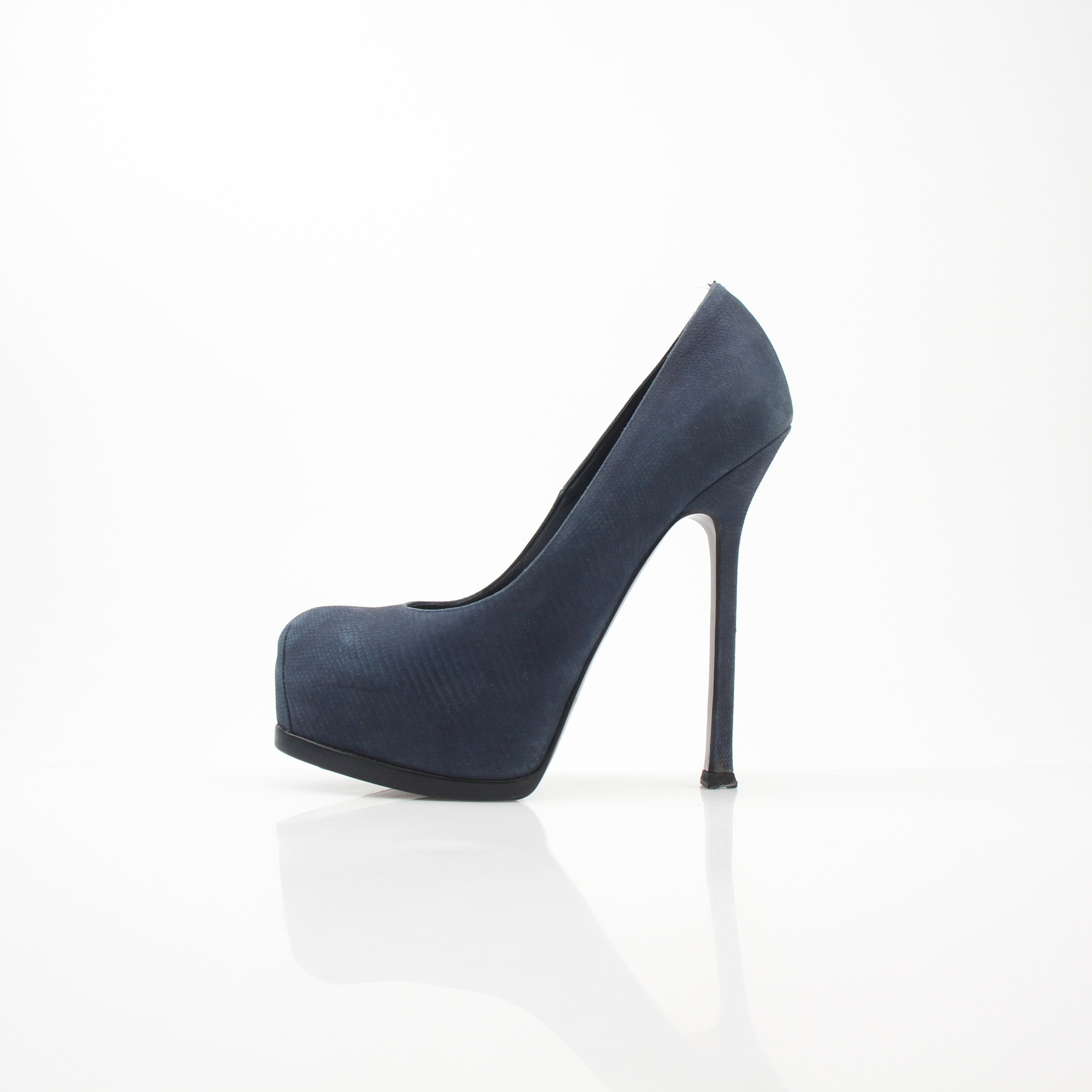 Saint Laurent Tribute Two Navy Suede Platform Pumps