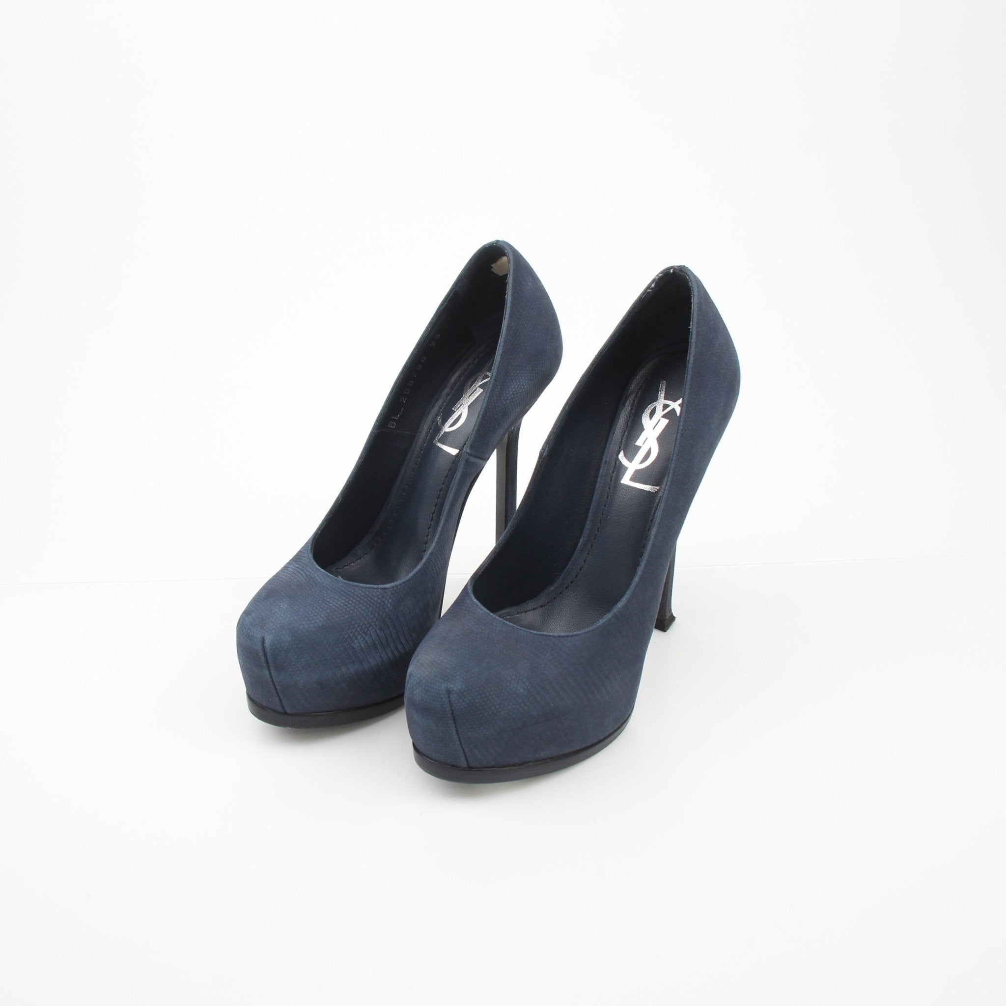 Navy suede Saint Laurent Tribute Two platform heels with chunky heels and rounded toes, displayed on a white background.