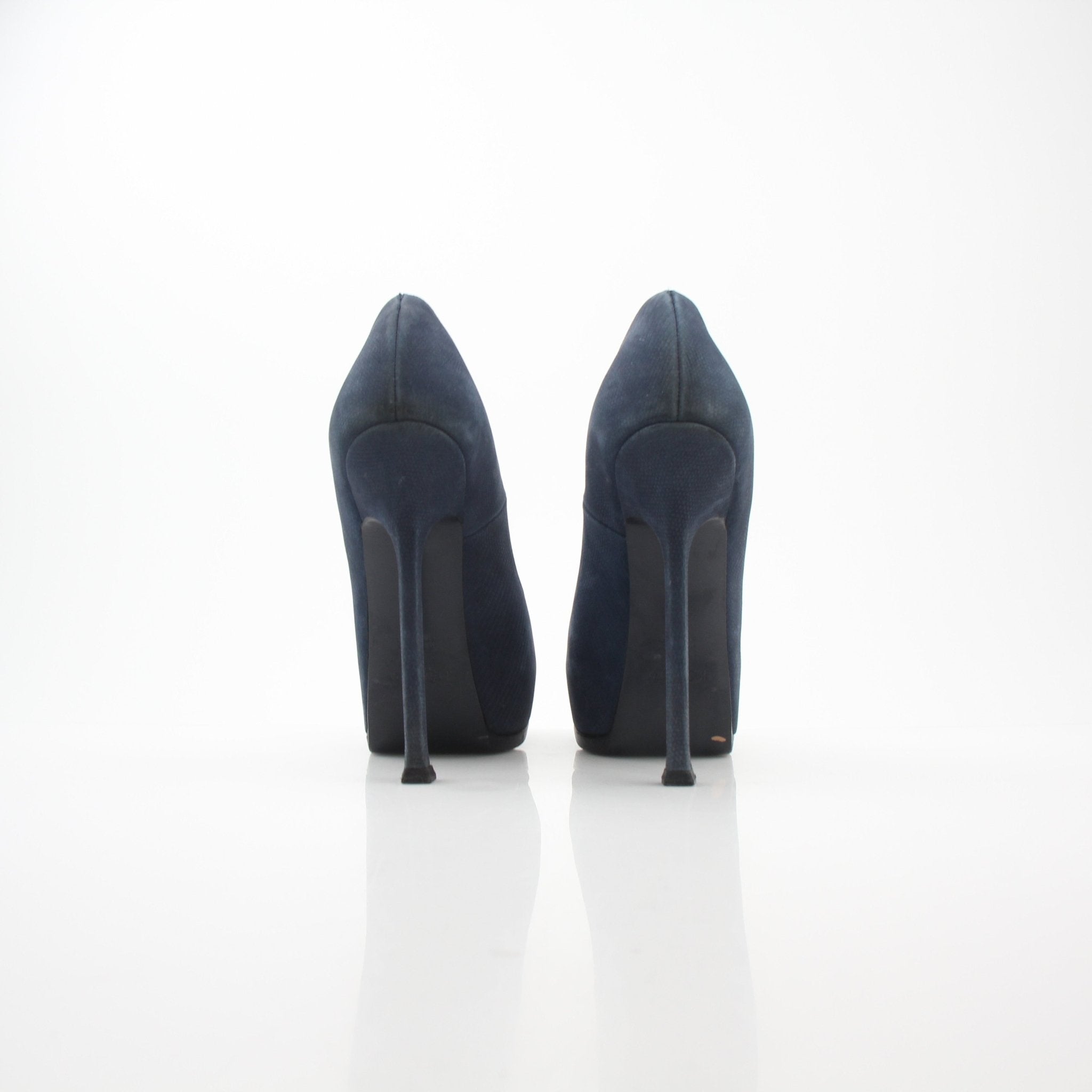Navy suede Saint Laurent Tribute Two platform pumps with heels, styled with a sleek design and gold accents, by Gold & Beyond.