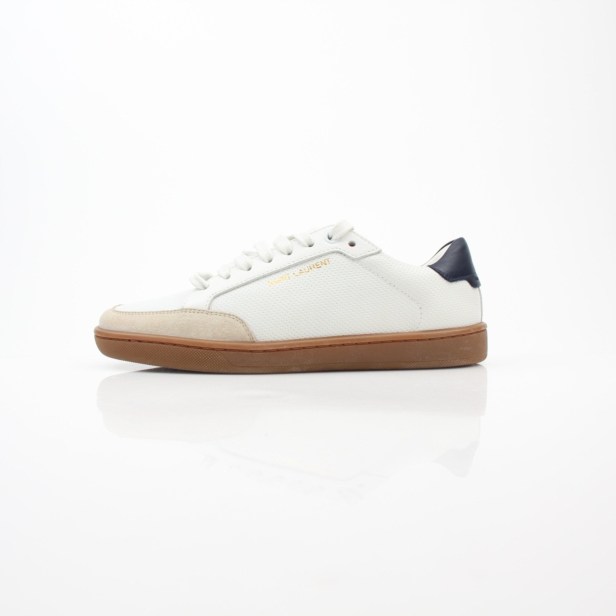 Gold & Beyond Saint Laurent Court Classic SL/10 white leather low-top sneakers with sleek design and white rubber soles.