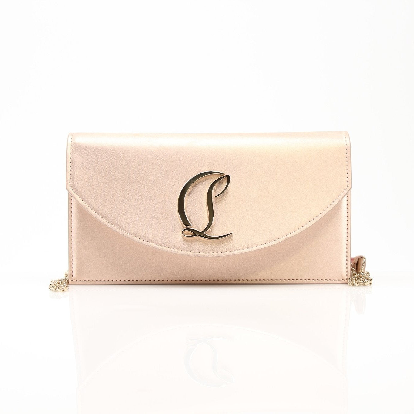 Christian Louboutin Loubi54 satin clutch handbag with gold accents, featuring a sleek, elegant design and refined craftsmanship.