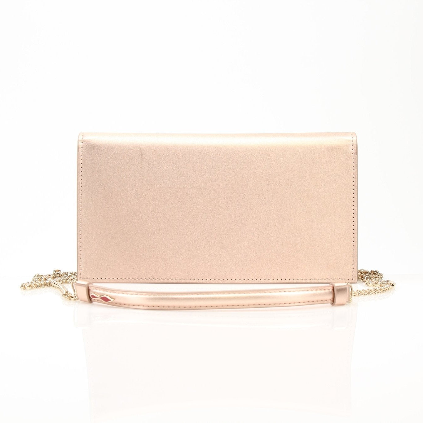 Christian Louboutin Loubi54 satin clutch handbag with gold accents, featuring a sleek, elegant design and signature red sole detail.