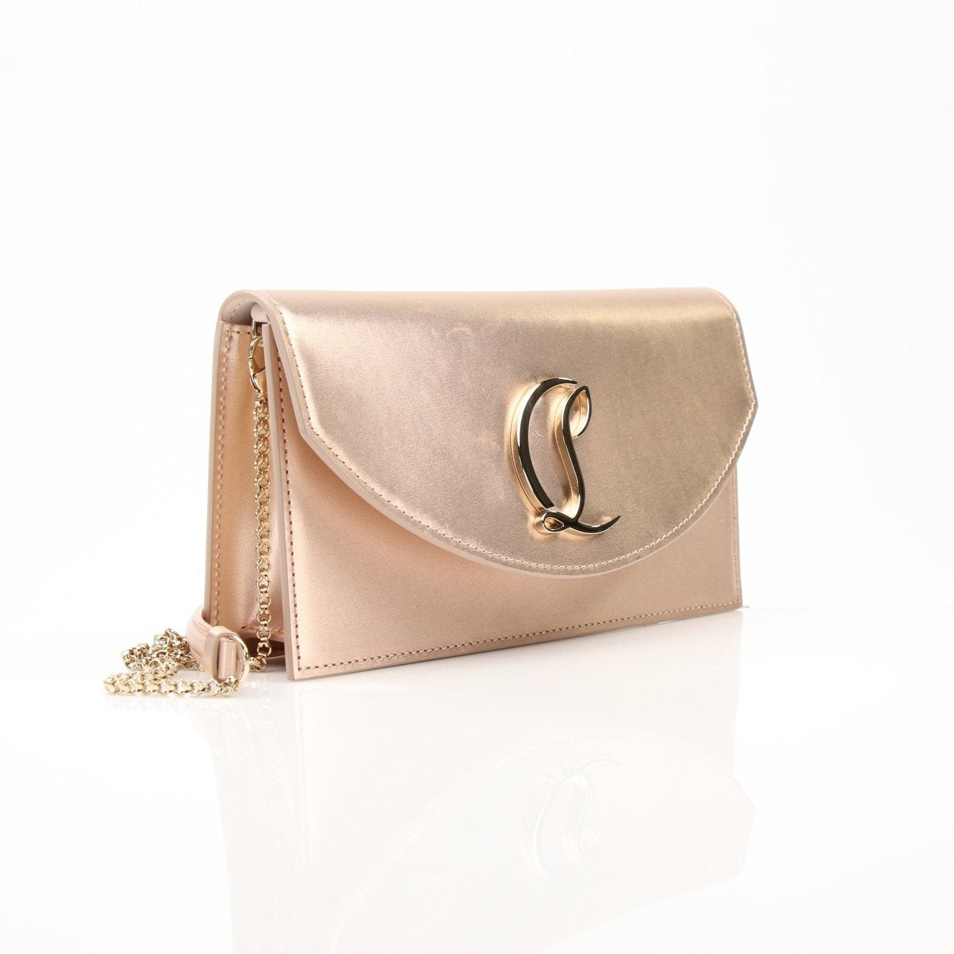 Christian Louboutin Loubi54 satin clutch handbag with gold accents, showcasing elegant design and luxurious material.