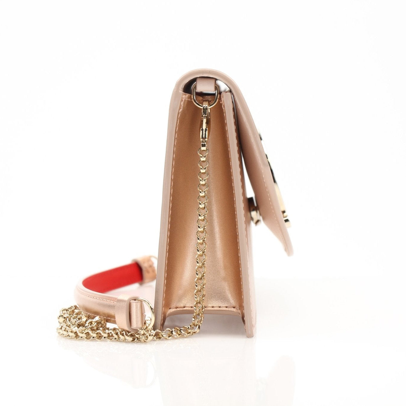 Gold & Beyond Christian Louboutin Loubi54 satin clutch handbag with elegant design and gold accents, displayed on a neutral background.