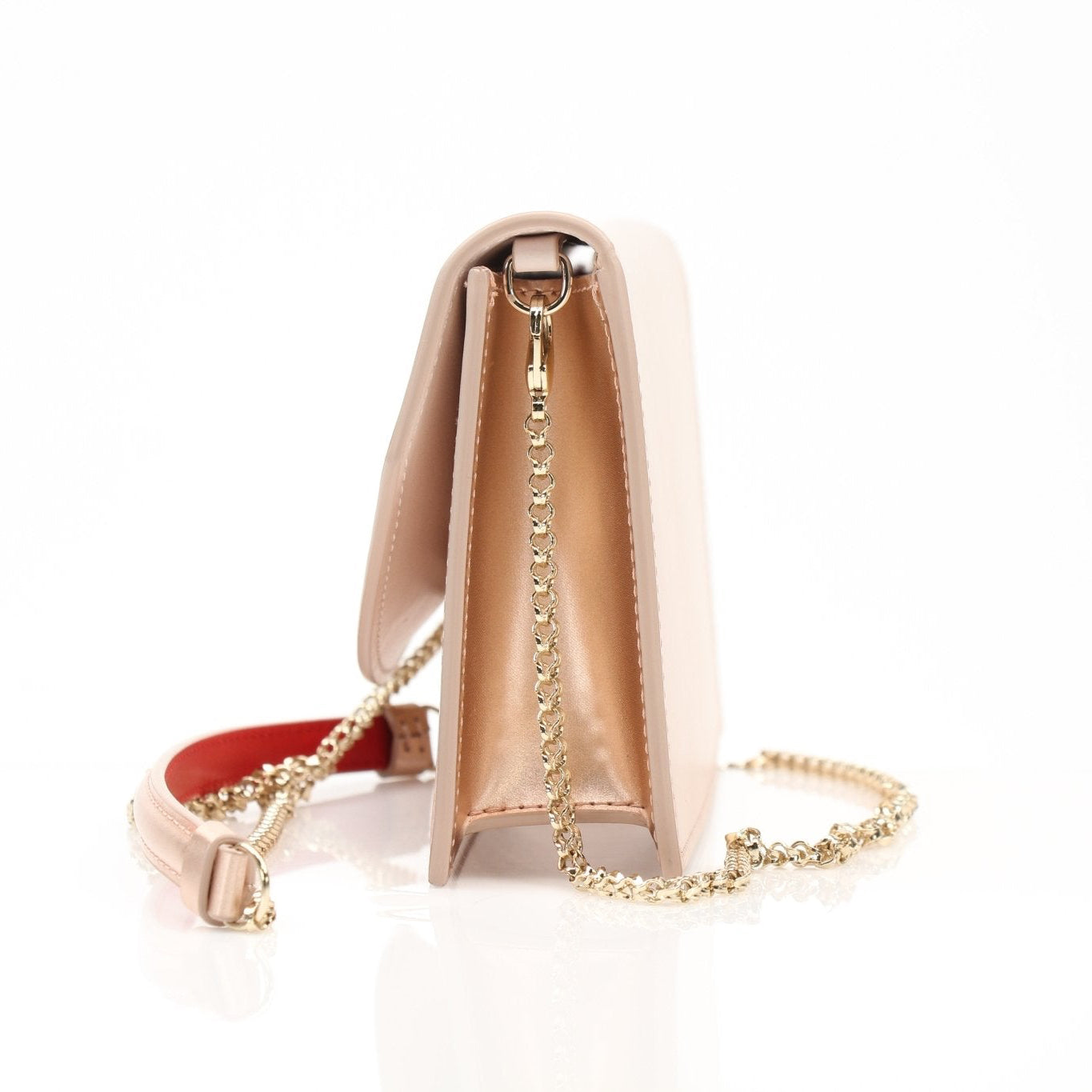 Christian Louboutin Loubi54 satin clutch handbag with gold accents, stylish evening accessory, shown on a neutral background.